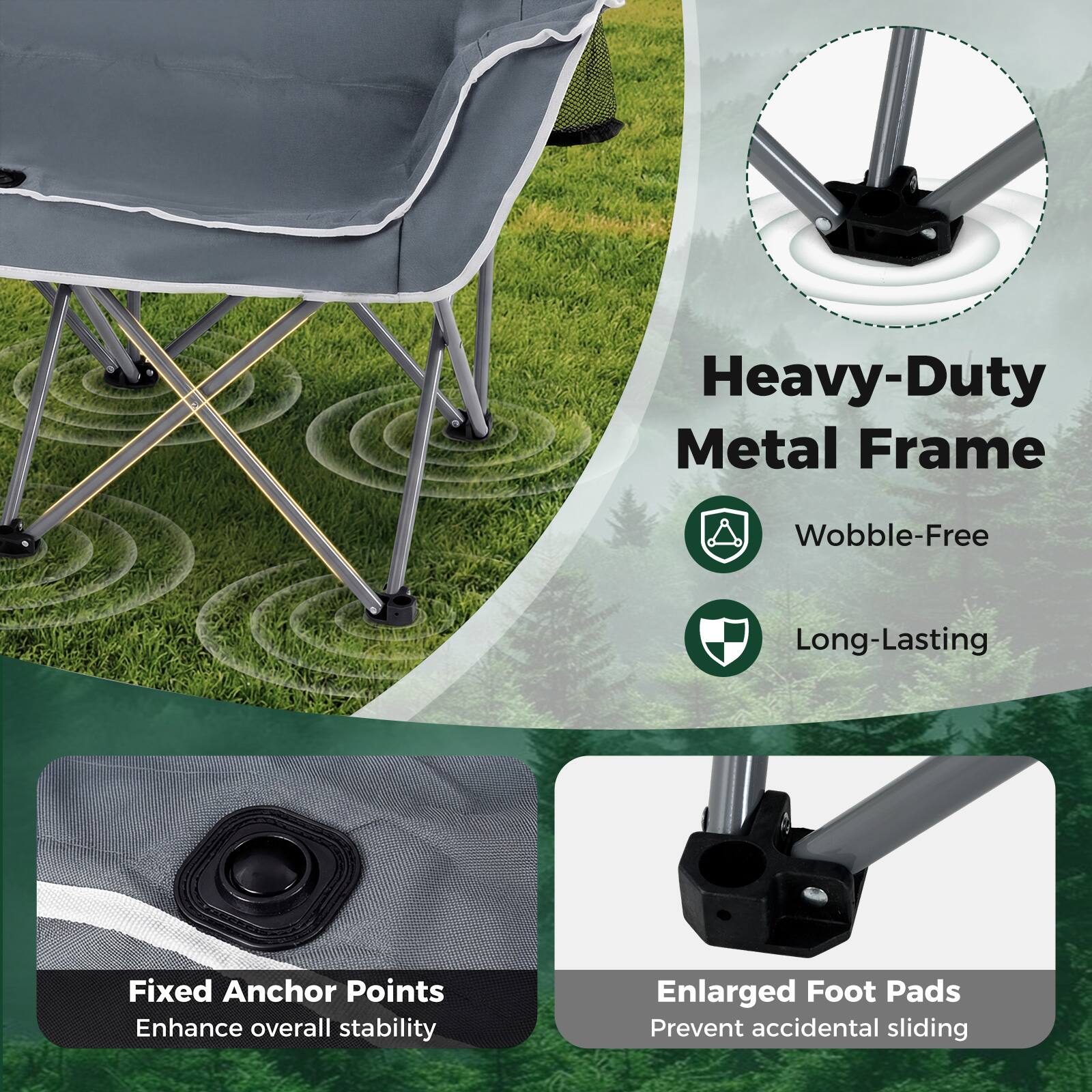 Heavy-Duty Metal Frame  
- Wobble-Free  
- Long-Lasting  

Fixed Anchor Points  
- Enhance overall stability  

Enlarged Foot Pads  
- Prevent accidental sliding