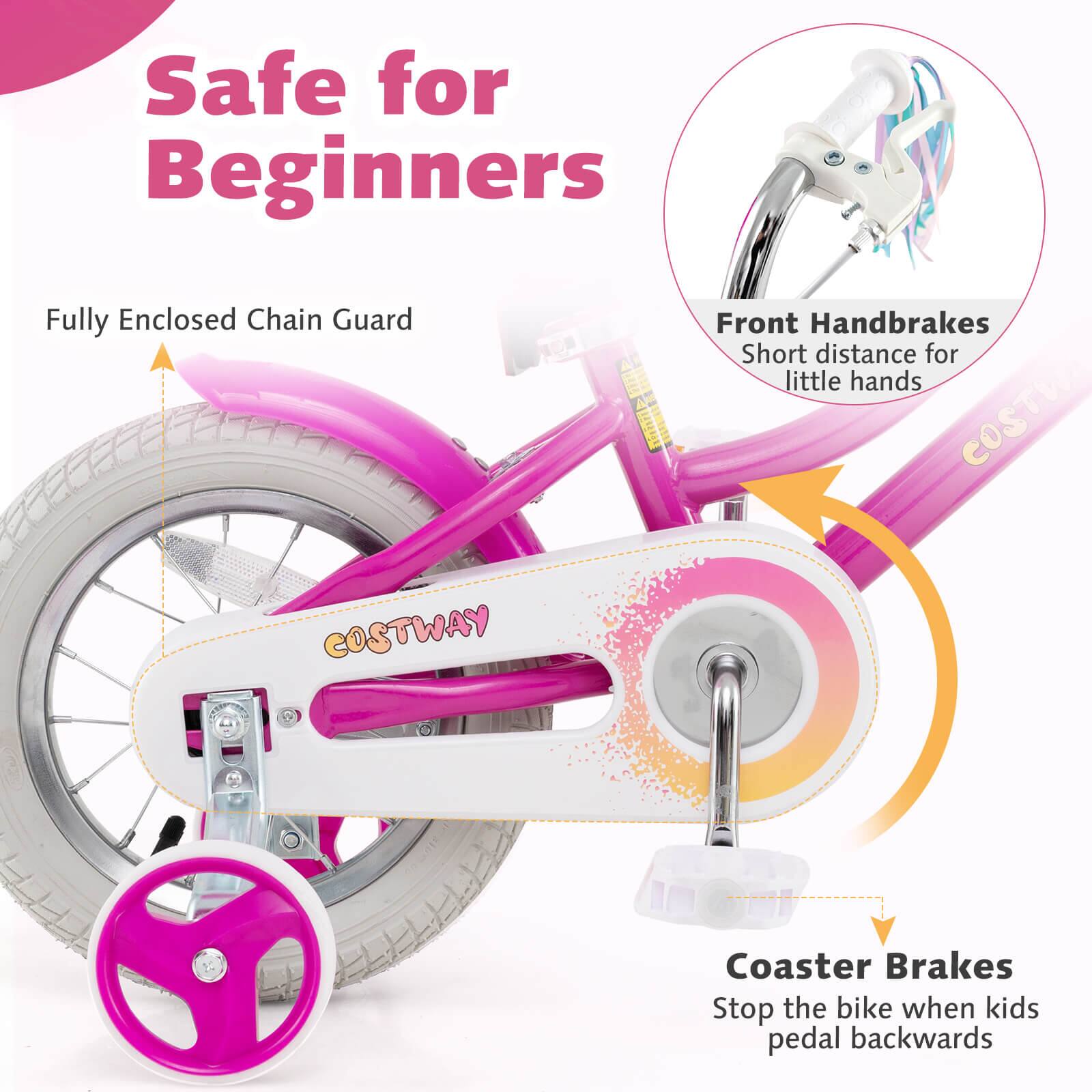 Safe for Beginners

Fully Enclosed Chain Guard

Front Handbrakes
Short distance for little hands

Coaster Brakes
Stop the bike when kids pedal backwards
