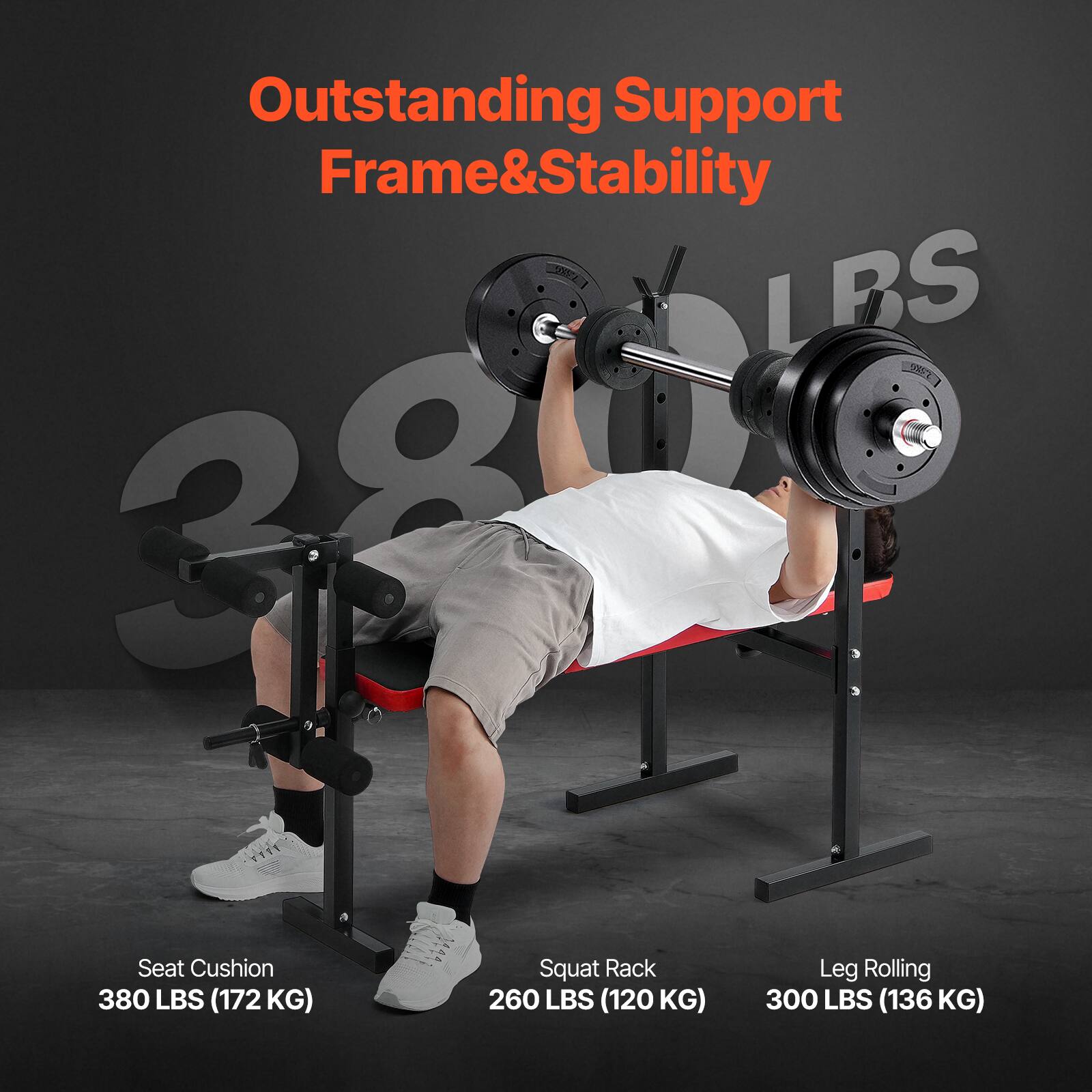 Outstanding Support Frame & Stability

Seat Cushion: 380 LBS (172 KG)

Squat Rack: 260 LBS (120 KG)

Leg Rolling: 300 LBS (136 KG)