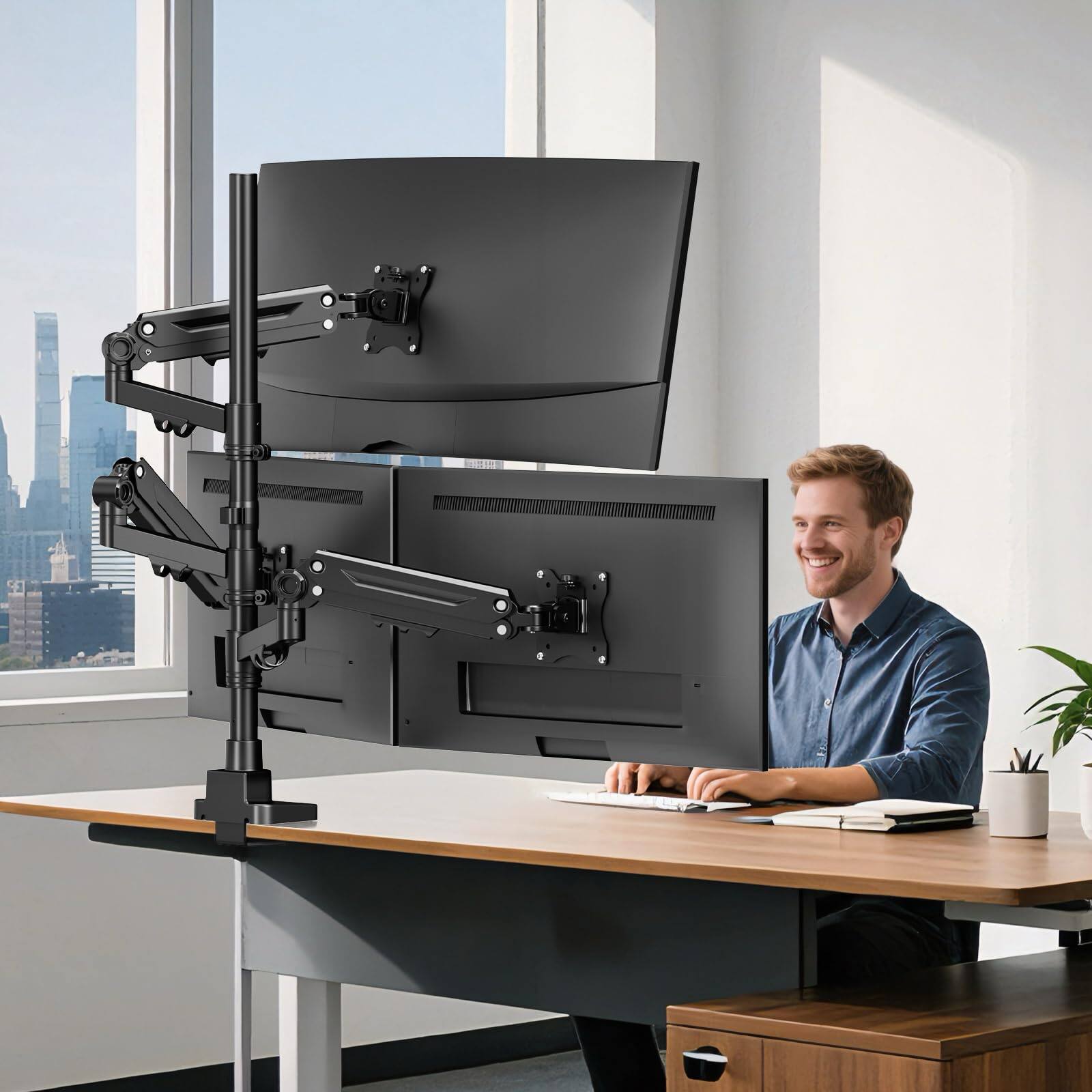 Alt View 5. Earthley Blooms - Triple Monitor Mount 17 Screens Heavy Duty Arm Desk Ultrawide Monitors Fully Adjustment Max Load Per Screen - Default.