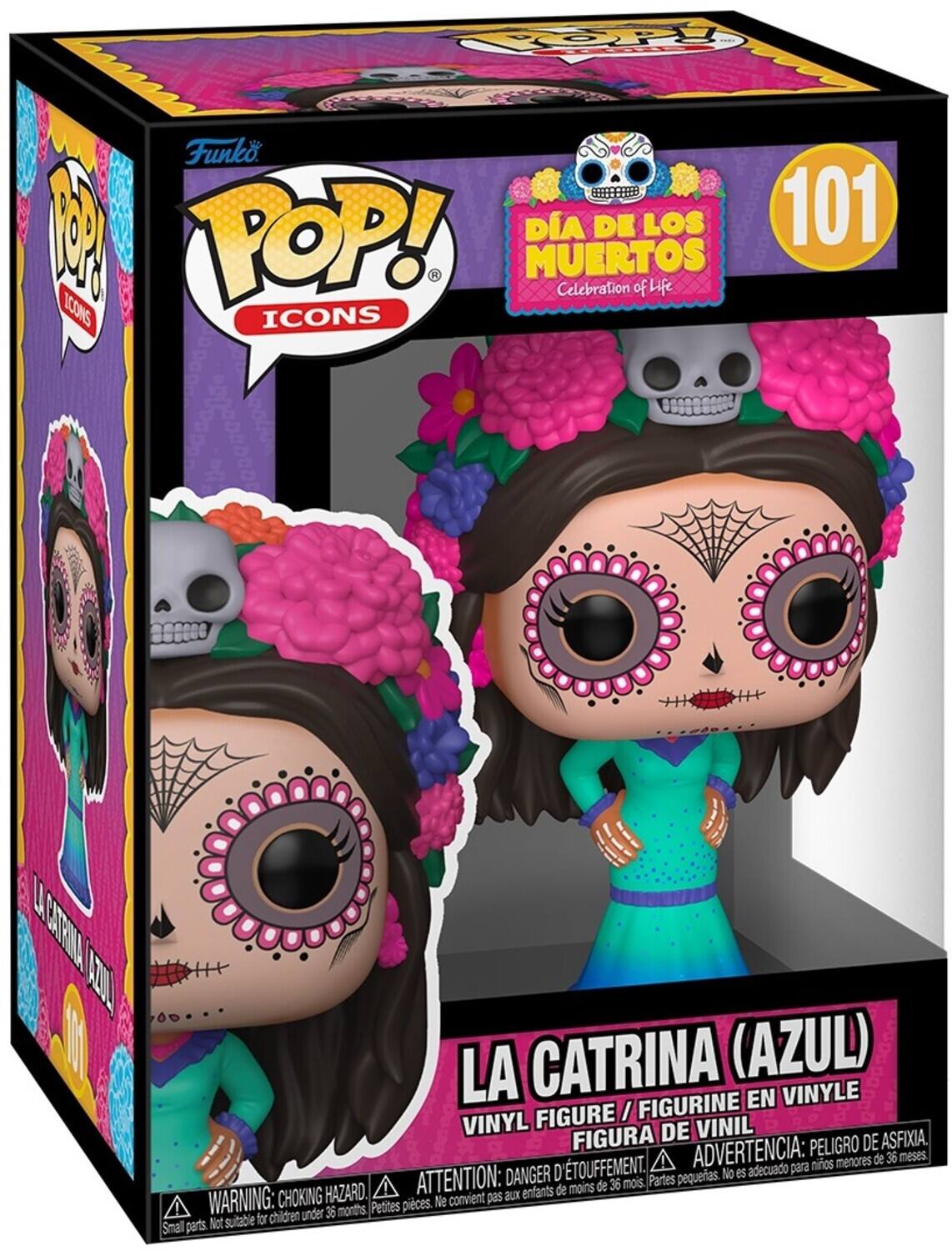 Sure, here is the corrected and grouped text from the image:

---

**Funko POP! Icons**

**Día de los Muertos**  
Celebration of Life

**101**

**LA CATRINA (AZUL)**  
VINYL FIGURE / FIGURINE EN VINYLE / FIGURA DE VINIL

**WARNING: CHOKING HAZARD.**  
ATTENTION: DANGER D'ÉTOUFFEMENT.  
ADVERTENCIA: PELIGRO DE ASFIXIA.  
Not suitable for children under 36 months.  
Ne convient pas aux enfants de moins de 36 mois.  
No es adecuado para niños menores de 36 meses.

---

This text is organized to reflect the information on the packaging, including the brand, series, theme, figure name, and safety warnings.