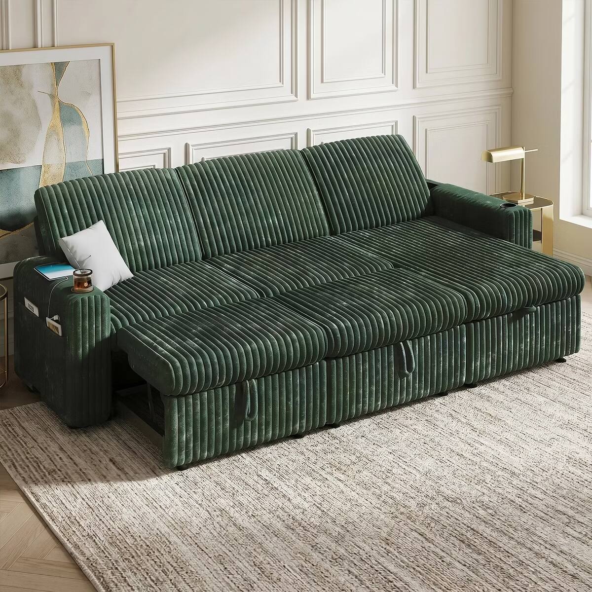 Front. Dyonery - 101" Green Corduroy Sectional Sleeper Sofa Bed with Pull-Out Bed,Reclining Backrest,Reversible Storage Chaise - Green.