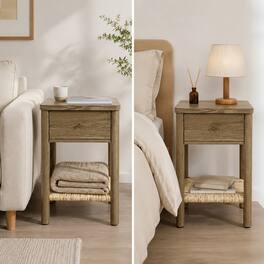 Loheer - Nightstand Solid Wood End Table with Woven Jute Shelf and Drawer - Antique Grey