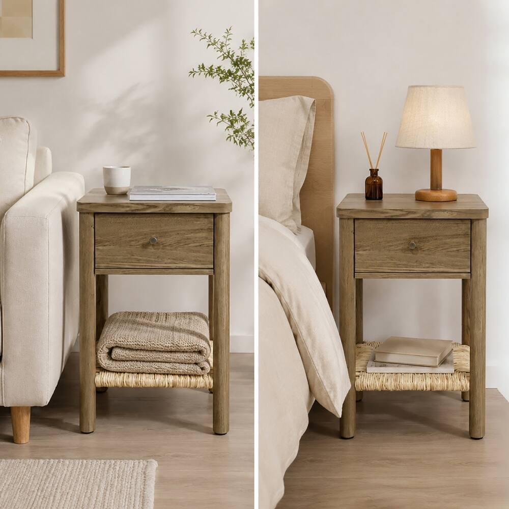 Front. Loheer - Loheer Antique Grey Nightstand Solid Wood End Table with Woven Jute Shelf and Drawer - Antique Grey.