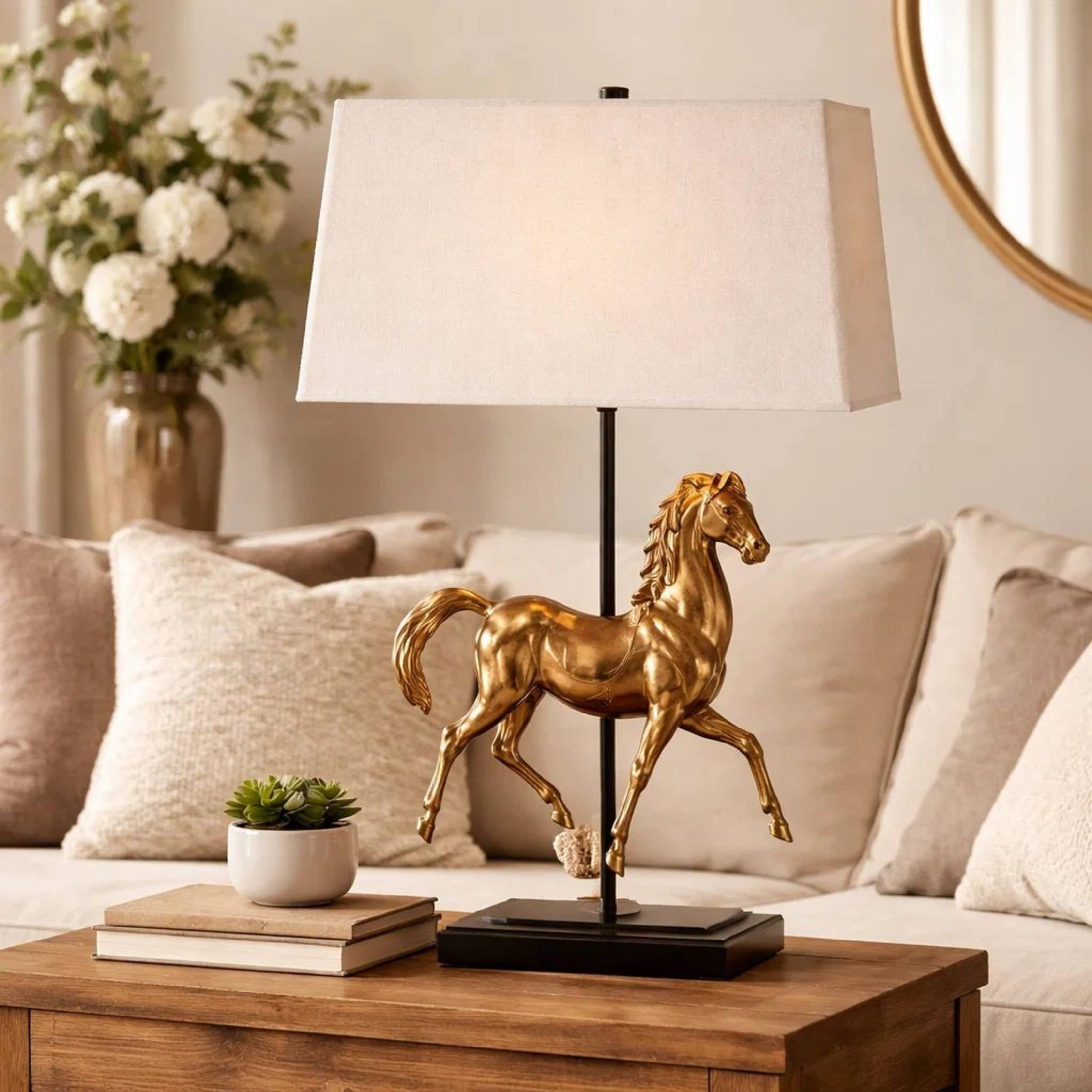 Alt View 5. Manhattan Lane - Horse Sculpture Table Lamp, Linen Shade, 29 Inch Iron - Brown, Beige, Black.