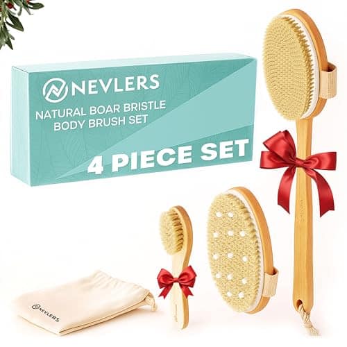 DORLUKFU - Natural Boar Bristle Dry Brushing Set | 4-Piece Body Brush Kit for Exfoliating, Lymphatic Drainage & Circulation | Body