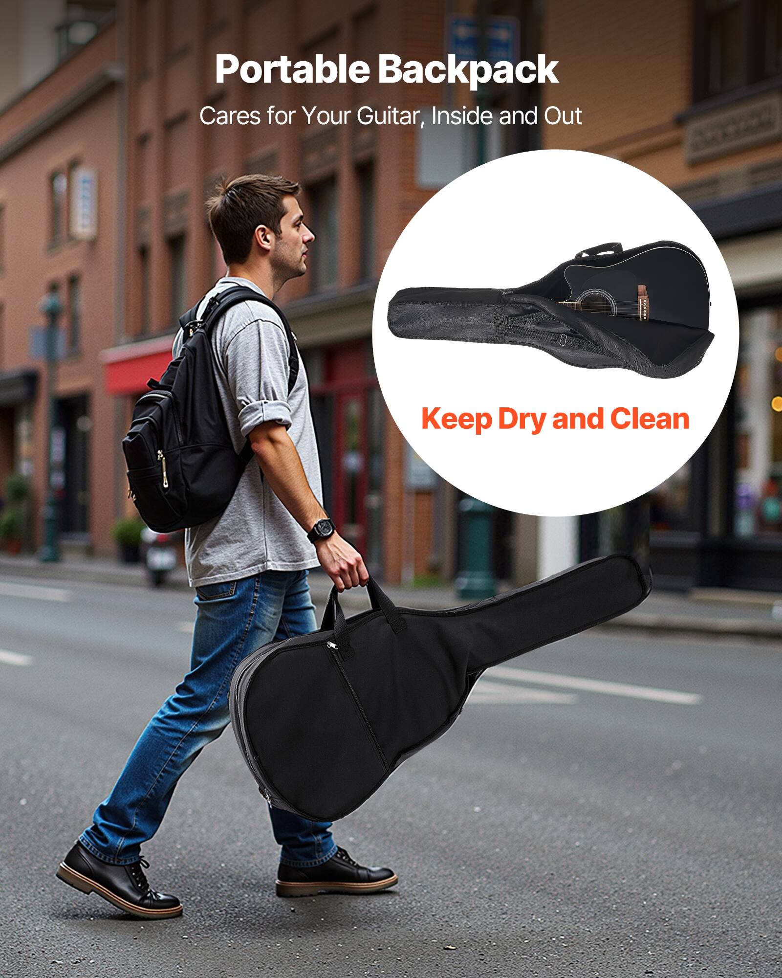 Portable Backpack  
Cares for Your Guitar, Inside and Out  

Keep Dry and Clean
