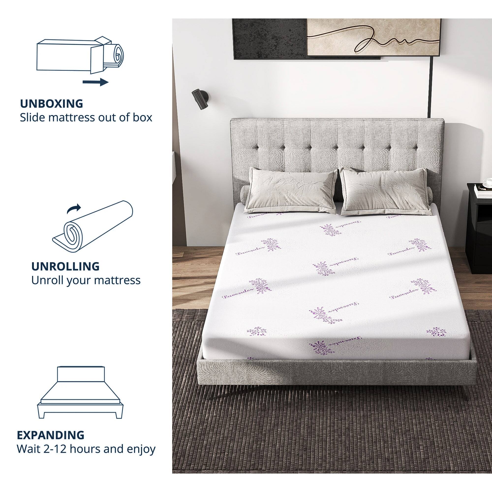 UNBOXING: Slide mattress out of box
UNROLLING: Unroll your mattress
EXPANDING: Wait 2-12 hours and enjoy