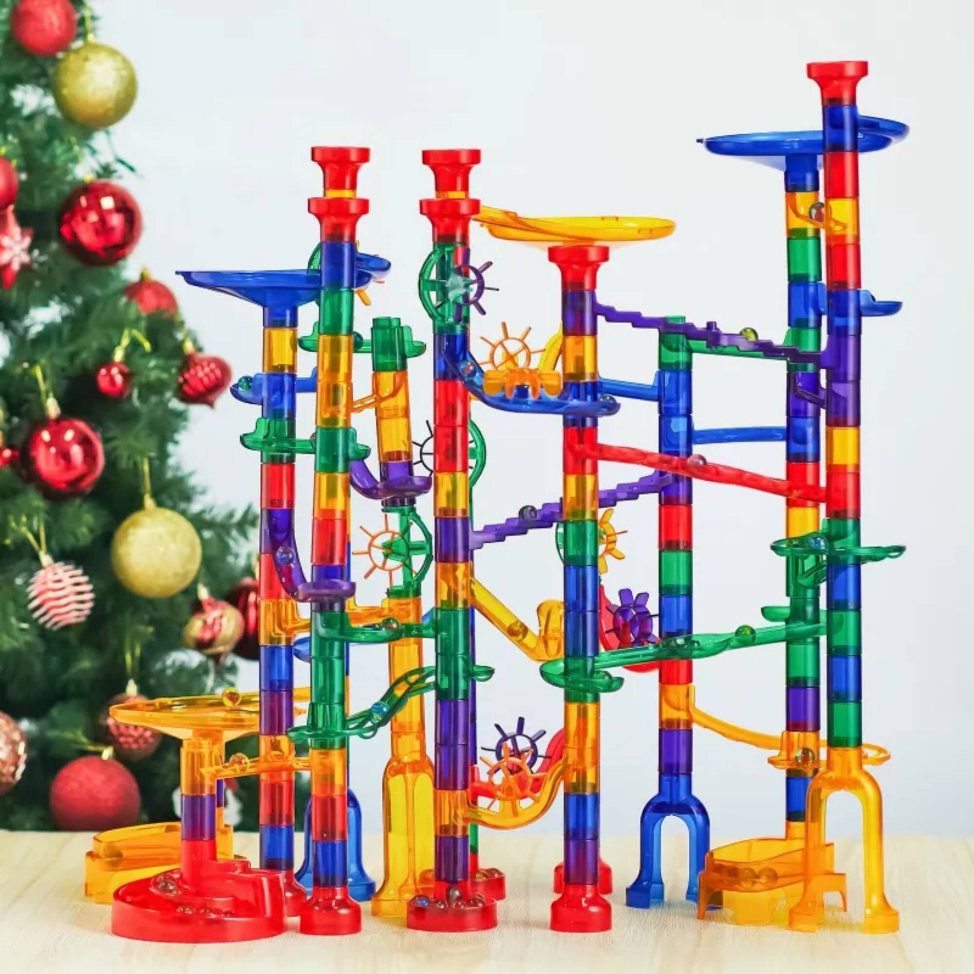 Angle. Joyfy - 207Pcs Glowing Marble Run, Engineering & Building Blocks Toys with 5 Glow in The Dark Glass Marbles, Gift for Boys Girls - Multicolored.