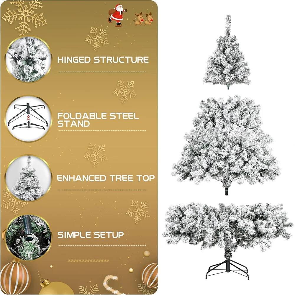 Left. MOVSSOU - Christmas Tree 550 Multicolored Lights Snow Flocked Pine Tree 9 Light Lighting Modes Party Decoration - white.