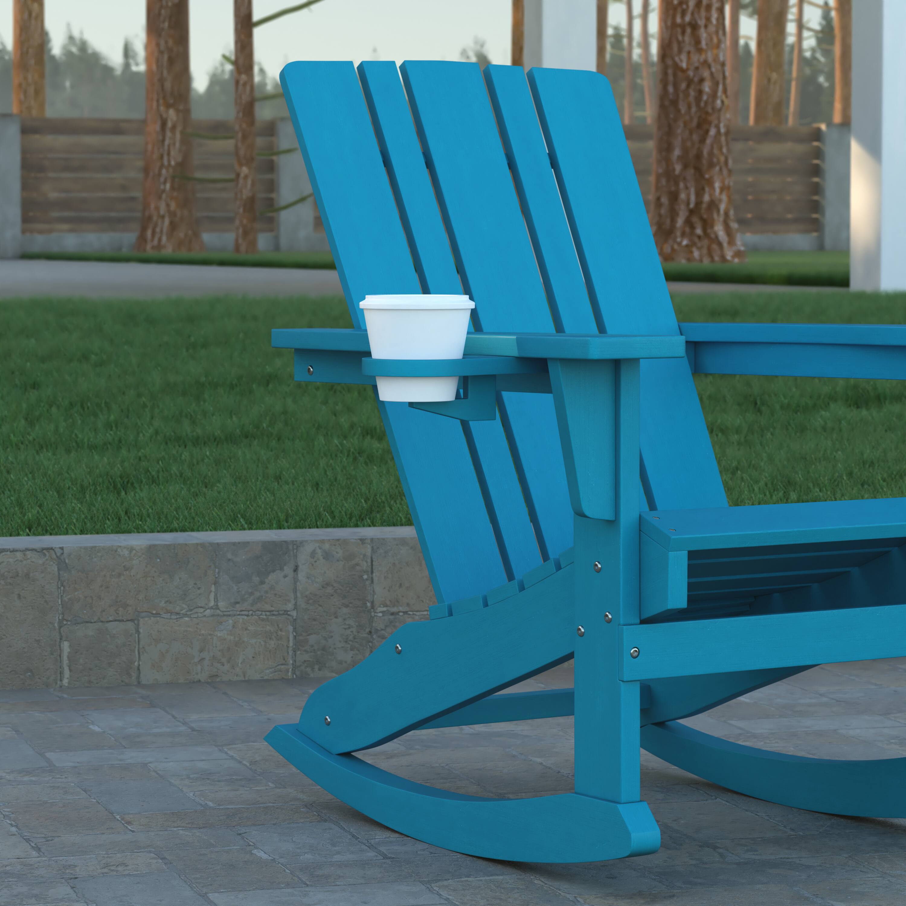 Alt View 4. Emma + Oliver - Haley Adirondack Rocking Chair with Cup Holder, Weather Resistant HDPE Adirondack Rocking Chair - Blue.