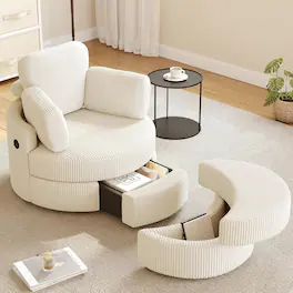 Yardgrace - Swivel Accent Chair with Half Moon Ottoman, Round Barrel Design, Side Drawer Storage & USB Charging Port for Living Room - White Corduroy