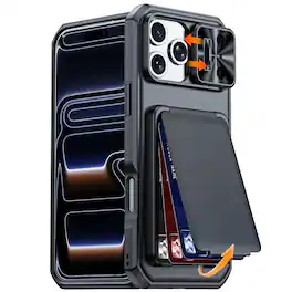 Dteck - Rugged Shockproof Flip Stand RFID Wallet Case Sliding Camera Lens Cover for Apple iPhone 17 Pro Max - Black