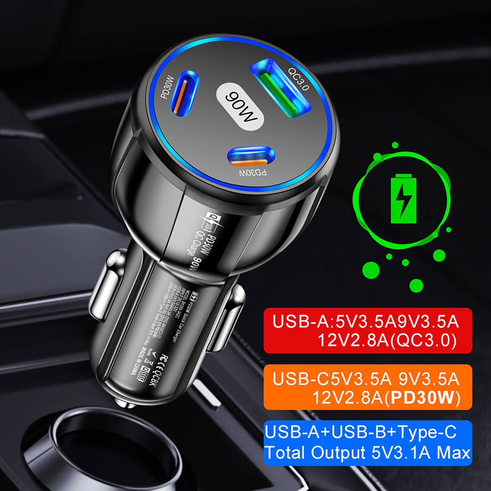 PD30W 90W QC3.0

PD30W P QC QCCharge PD30W 90W 5 SSA MM MCCEL PO20W E D0 K-A2C

Quick 12G USB-A: 5V3.5A 9V3.5A 12V2.8A(QC3.0) MADE IN 1

N E FC CHINA

FECEQCBK QCBK

USB-C: 5V3.5A 9V3.5A 12V2.8A(PD30W)

USB-A+USB-B+Type-C

Total Output 5V3.1A Max