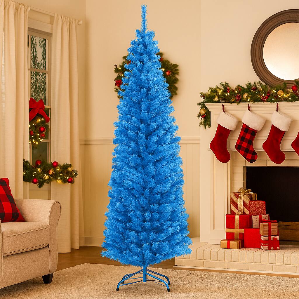 Angle. BreeBe - Unlit Artificial Pencil Tree 6FT – Slim Design for Holiday & Seasonal Decor - Blue.