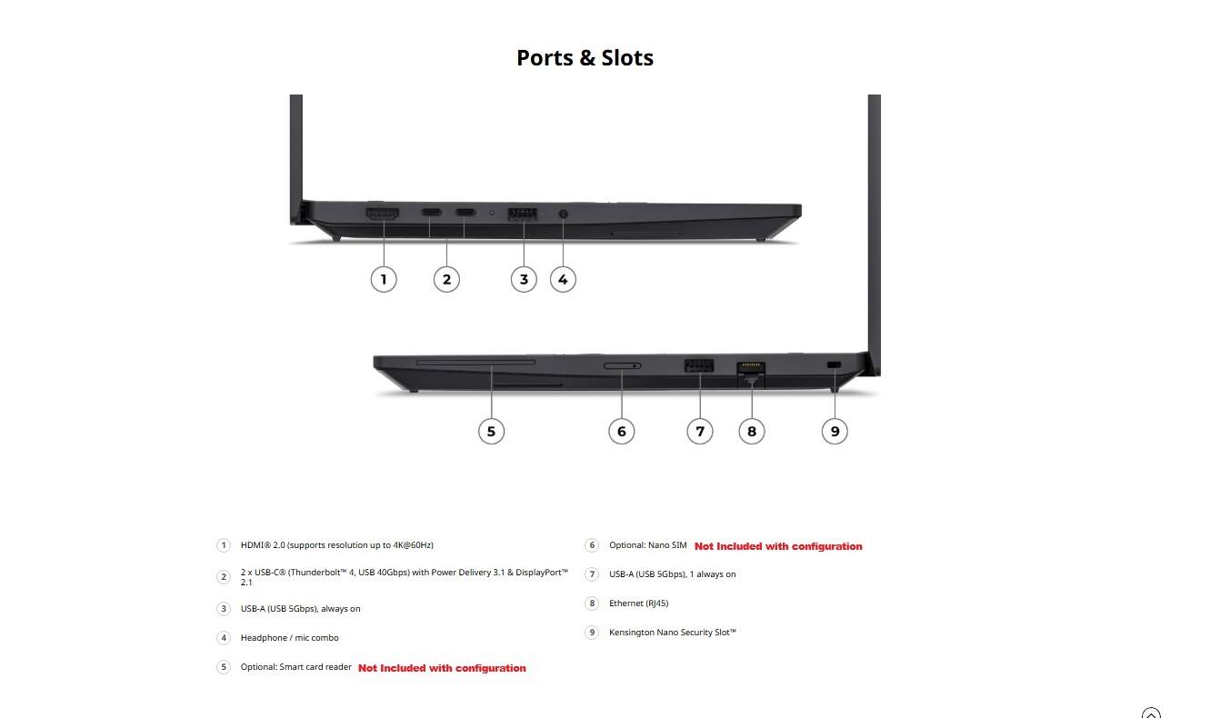 Ports & Slots

1. HDMI 2.0 (supports resolution up to 4K@60Hz)
2. 2x USB-C (Thunderbolt 4, USB 40Gbps) with Power Delivery 3.1 & DisplayPort 2.1
3. USB-A (USB 5Gbps), always on
4. Ethernet (RJ45)
5. Headphone/mic combo
6. Optional: Nano SIM Not Included with configuration
7. USB-A (USB 5Gbps), always on
8. Kensington Nano Security Slot
9. Optional: Smart card reader Not Included with configuration