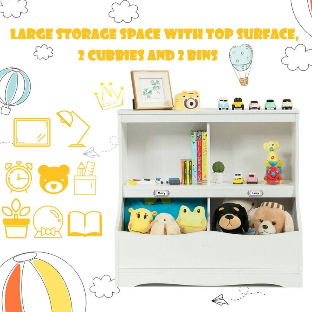 LARGE STORAGE SPACE WITH TOP SURFACE, 2 CUBBIES AND 2 BINS