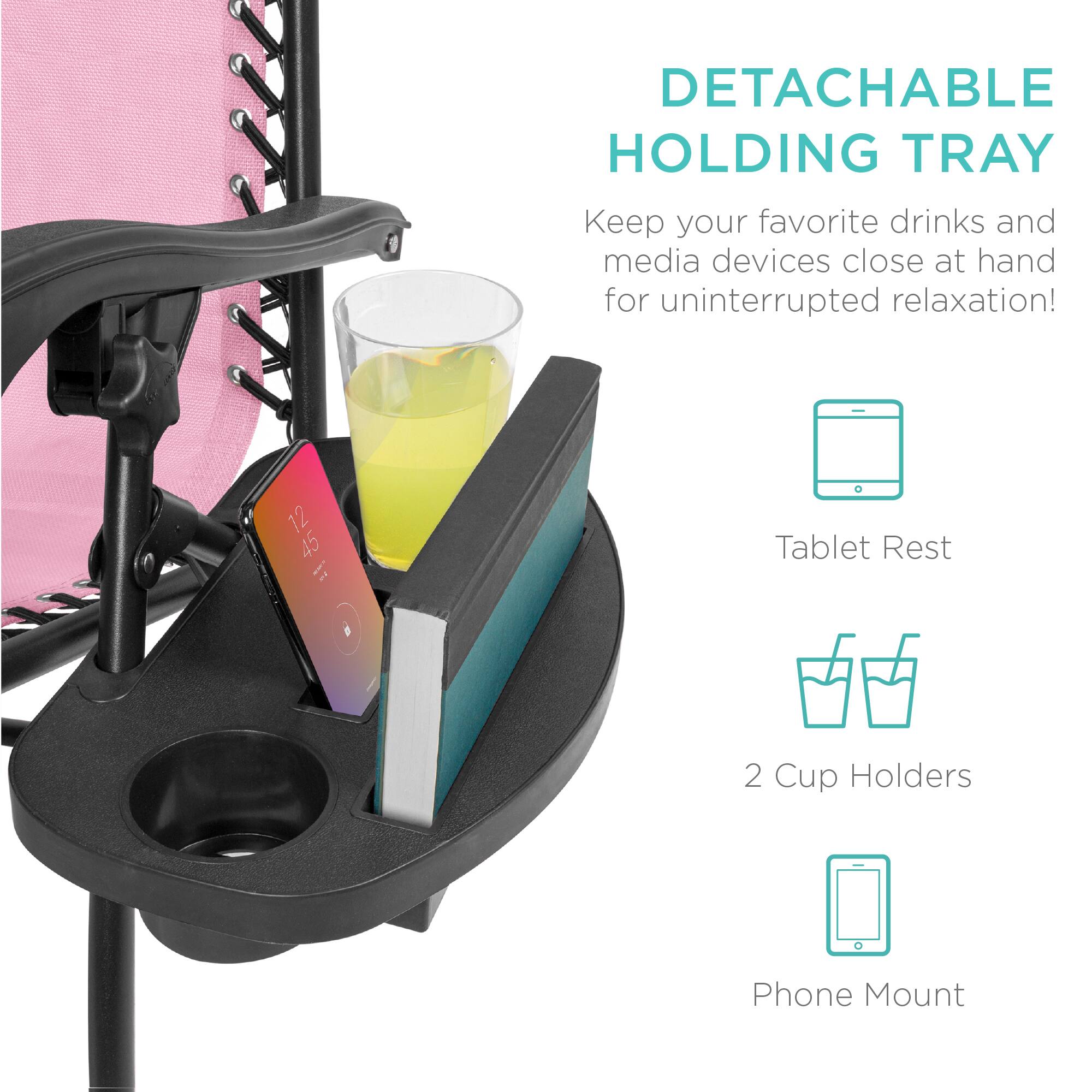 DETACHABLE HOLDING TRAY  
Keep your favorite drinks and media devices close at hand for uninterrupted relaxation!  

- Tablet Rest  
- 2 Cup Holders  
- Phone Mount