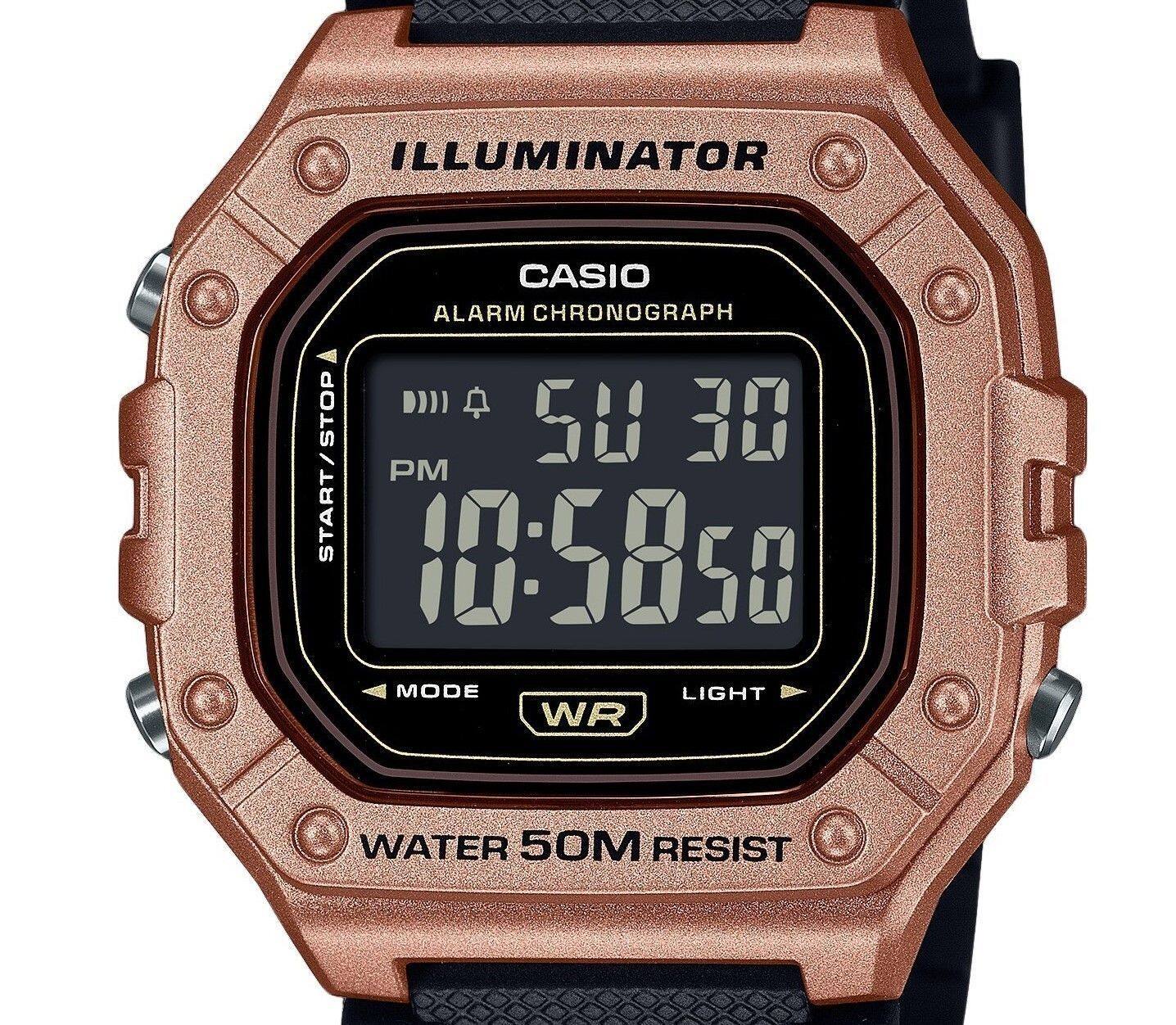 ILLUMINATOR  
CASIO  
ALARM CHRONOGRAPH  

50 30  
10:58 50  

START/STOP  
PM  

MODE  
LIGHT  

WR RESIST  
WATER 50M RESIST