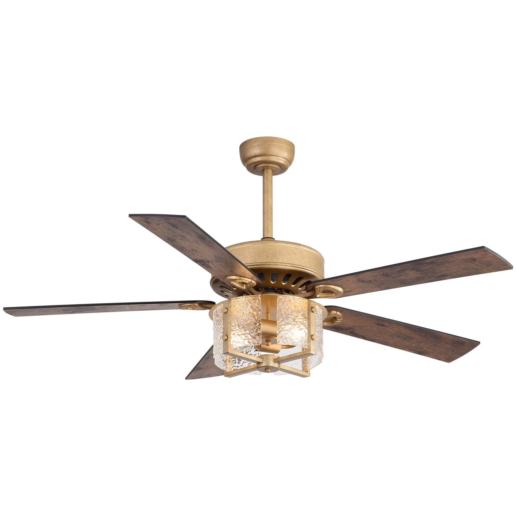Angle. Breezary - 52-Inch Large Ceiling Fan with Light Fixture, 5 Dual-Finish Plywood Blades, DC Motor, Remote Control, 5/10-Inch Downrods - Brushed Gold with Black and Rich Walnut.