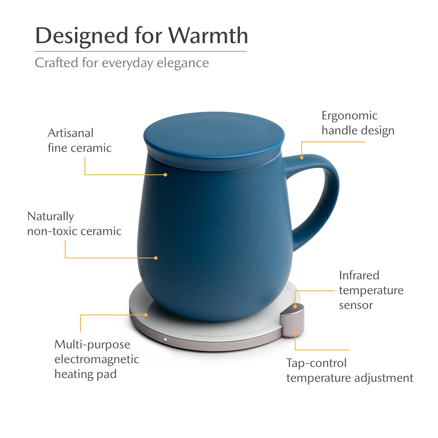 Designed for Warmth  
Crafted for everyday elegance  
Artisanal fine ceramic  
Ergonomic handle design  
Naturally non-toxic ceramic  
Infrared temperature sensor  
Multi-purpose electromagnetic heating pad  
Tap-control temperature adjustment
