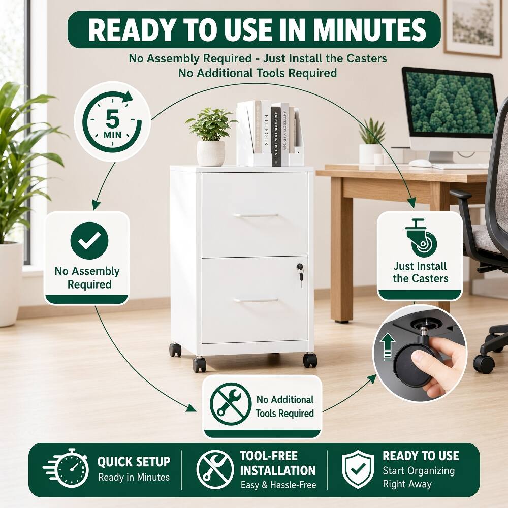 READY TO USE IN MINUTES  
No Assembly Required - Just Install the Casters  
No Additional Tools Required  

QUICK SETUP  
Ready in Minutes  

TOOL-FREE INSTALLATION  
Easy & Hassle-Free  

READY TO USE  
Start Organizing Right Away