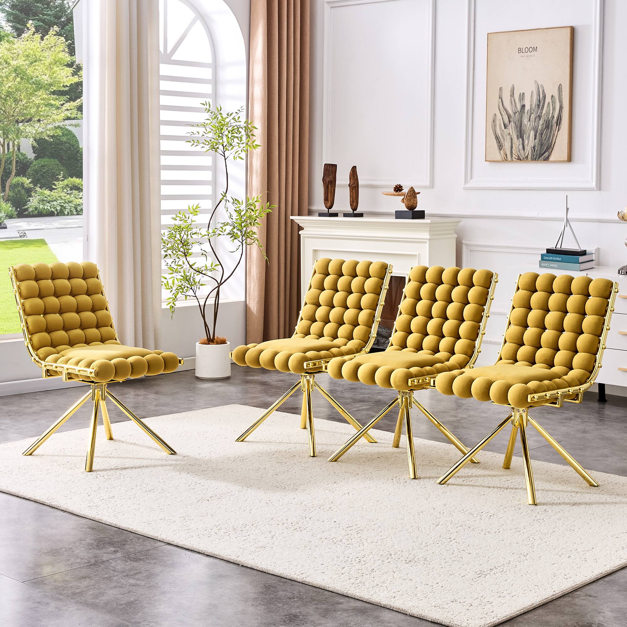 Back. Loheer - Loheer Yellow Dining Chairs Set of 2, Velvet Bubble Tufted Accent Chairs with Gold Legs, 1.63 ft, Dining Room Kitchen - Gold,Yellow.