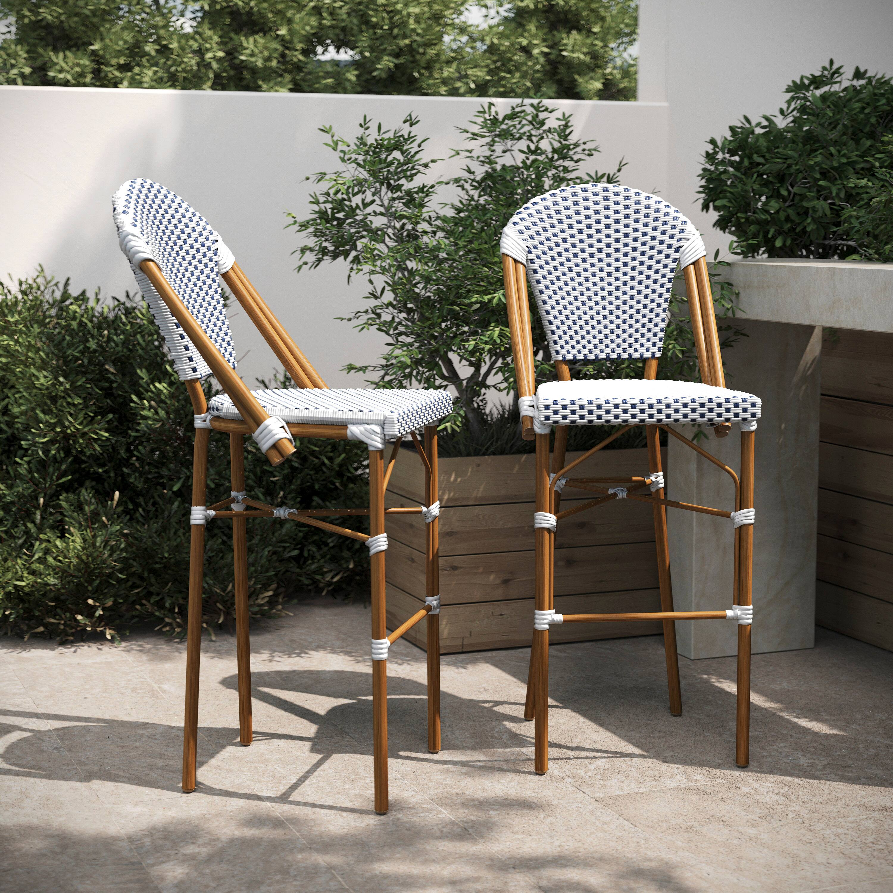 Alt View 2. Flash Furniture - Lourdes Set of 2 Stackable Indoor/Outdoor Bistro 30" High Barstools, Commercial Grade, White/Navy and Bamboo Finish - Blue.