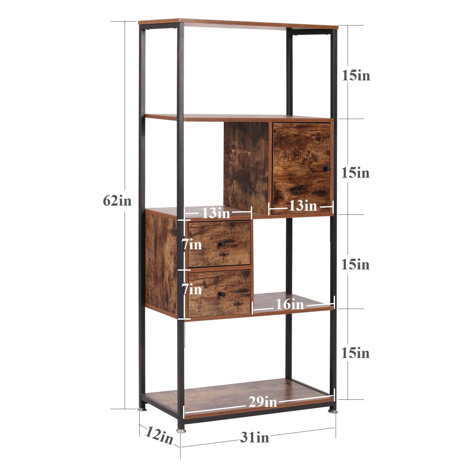 - Height: 62in
- Width: 31in
- Depth: 12in
- Top shelf: 15in (width) x 15in (depth)
- Second shelf: 15in (width) x 16in (depth)
- Drawer section: 13in (width) x 15in (depth)
- Drawer height: 7in
- Cabinet section: 13in (width) x 15in (depth)
- Bottom shelf: 29in (width) x 15in (depth)