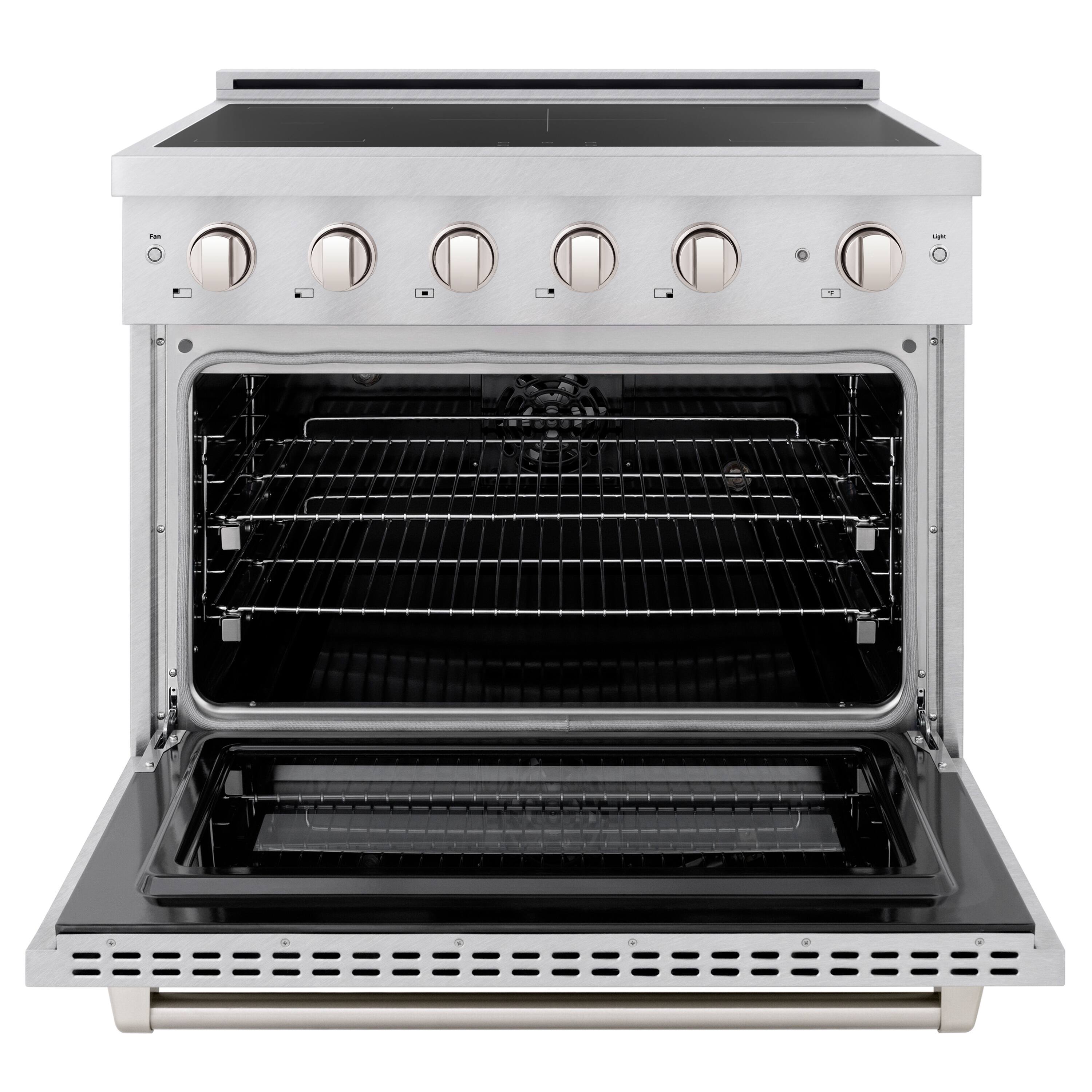 Angle. ZLINE - 36 in. 5.2 cu. ft. Paramount Freestanding Induction Range with 5 Burners and Electric Oven in Satin Stainless Steel - Satin Stainless Steel.