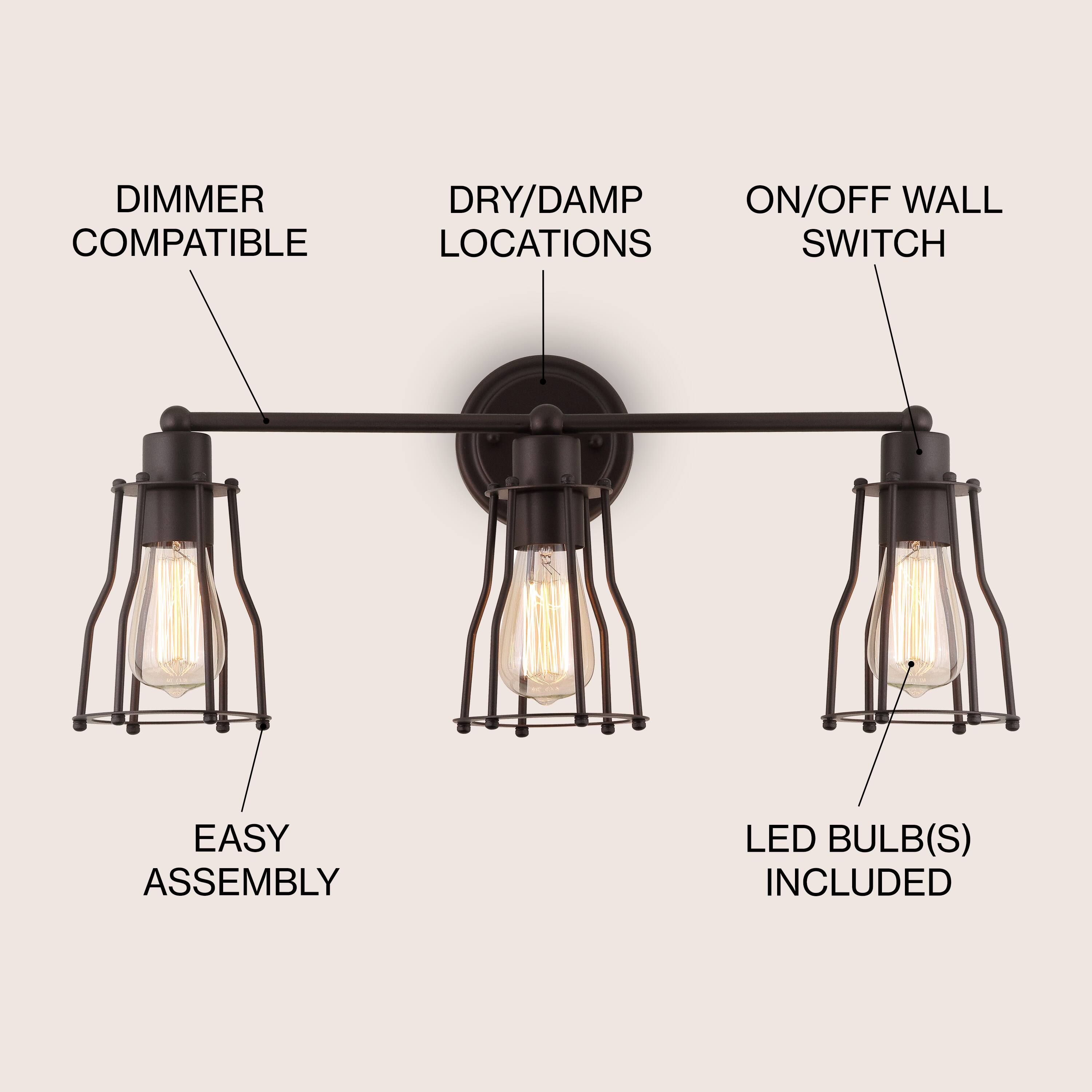 DIMMER COMPATIBLE  
DRY/DAMP LOCATIONS  
ON/OFF WALL SWITCH  
EASY ASSEMBLY  
LED BULB(S) INCLUDED