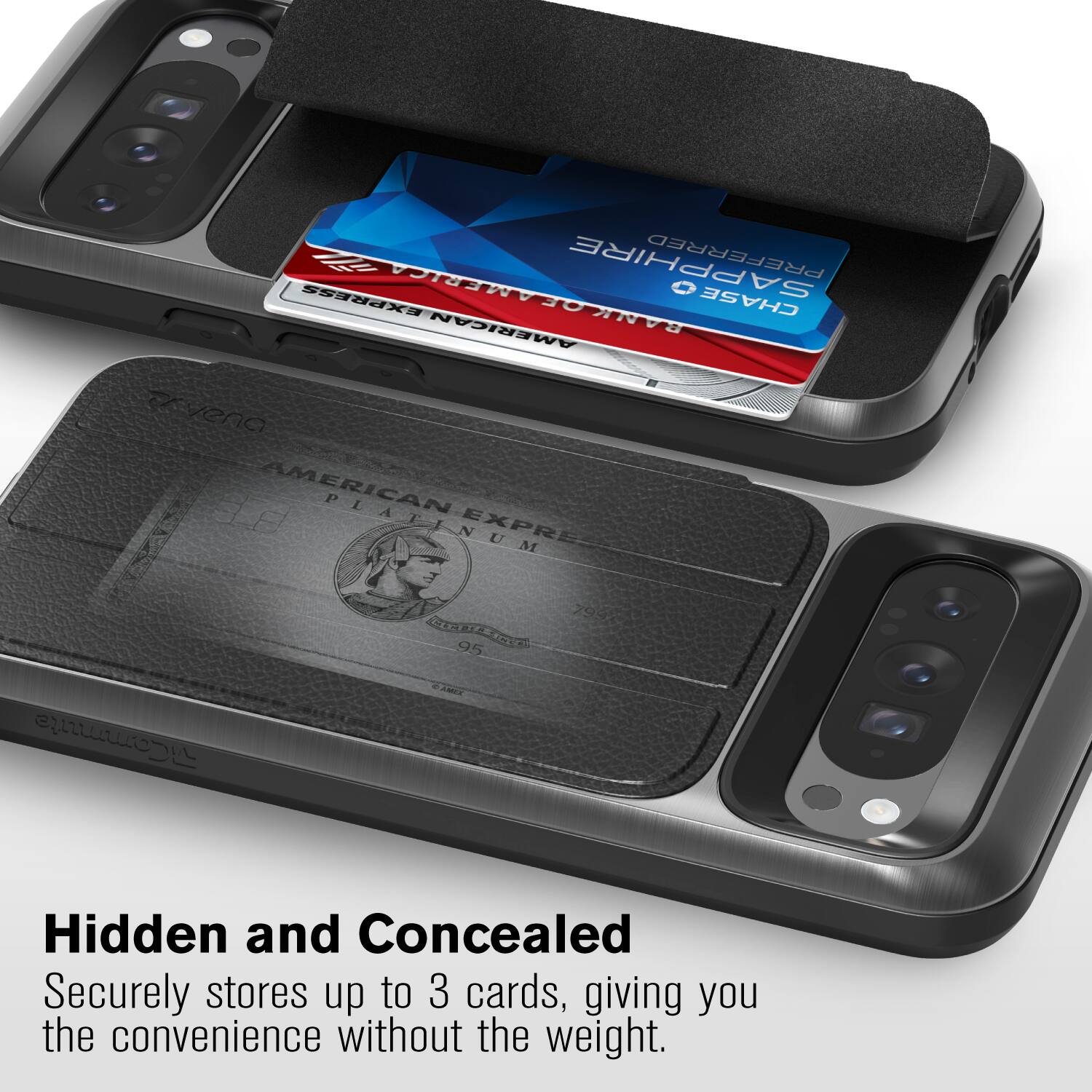 Hidden and Concealed
Securely stores up to 3 cards, giving you the convenience without the weight.