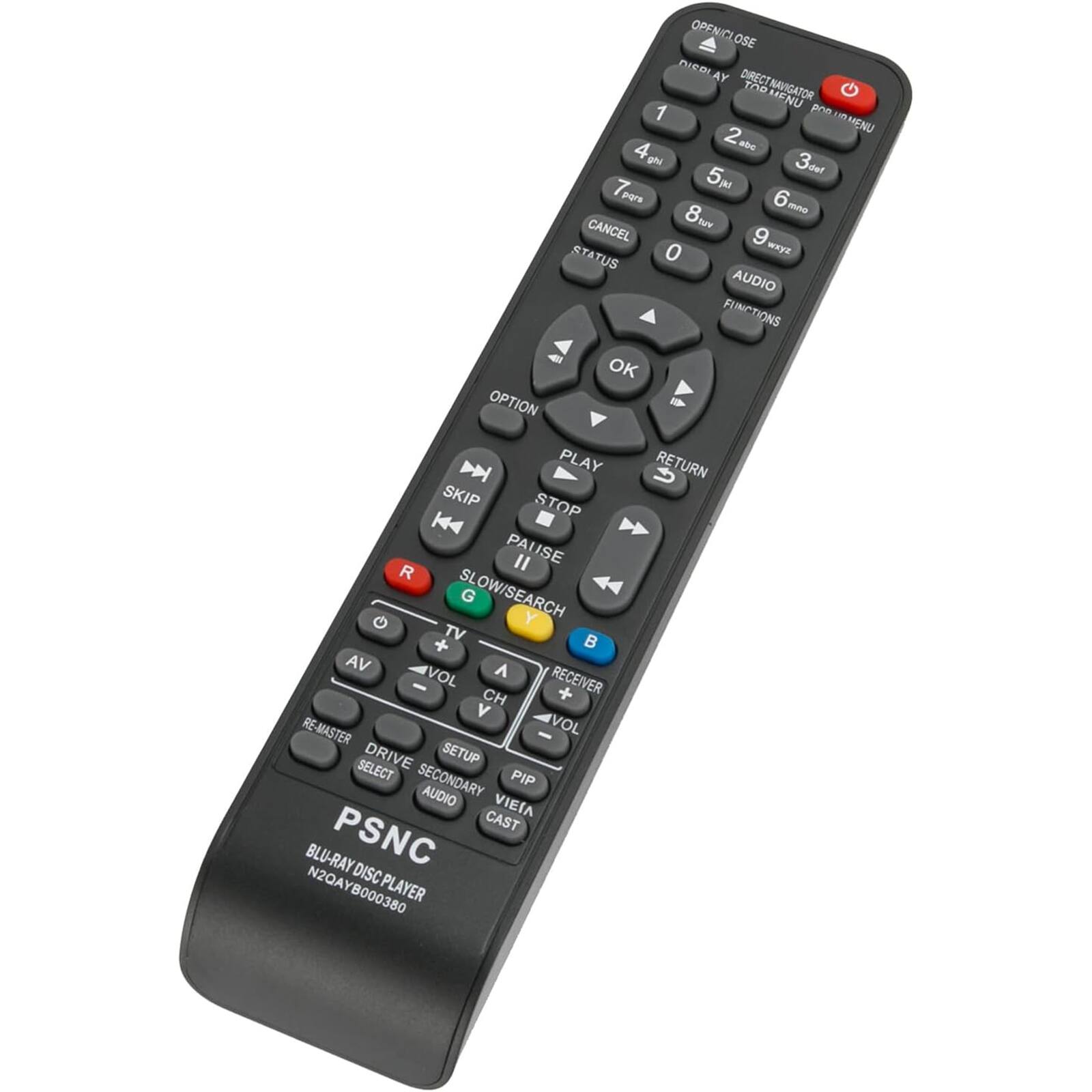 OPFNICL OSE DICDI AY DIRECT The NAVIGATOR JOR HENU Pon 1 UMENU LD 2 abo 4 an 5 3o del 7. pra 6m - CANCEL 8tv vut 9 STATUS 0 WRYE AUDIO FUNCTIONS OK OPTION PLAY RETURN SKIP STOP PAUSE I R SLOW/SEARCH G Y TV B + AV A VOL RECEIVER CH + V RE-MASTER RE VOL DRIVE SETUP SELECT SECONDARY PIP AUDIO VIEIA CAST BLU-RAY PSNC N2QA DISC 8000380 PLAYER