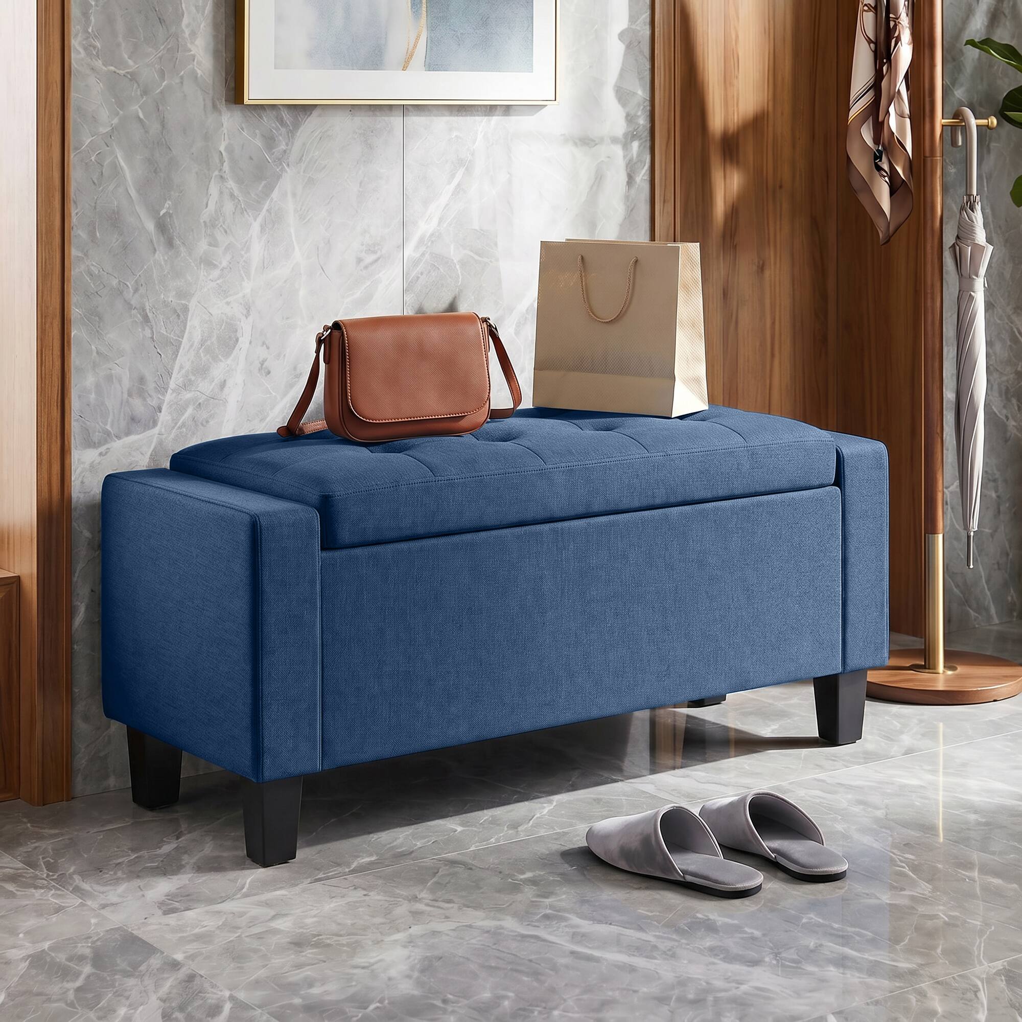 Alt View 1. Homcom - Ottoman, Storage Bench with Wooden Legs, Tufted Armrests for Entryway, Living Room, Bedroom - Blue.