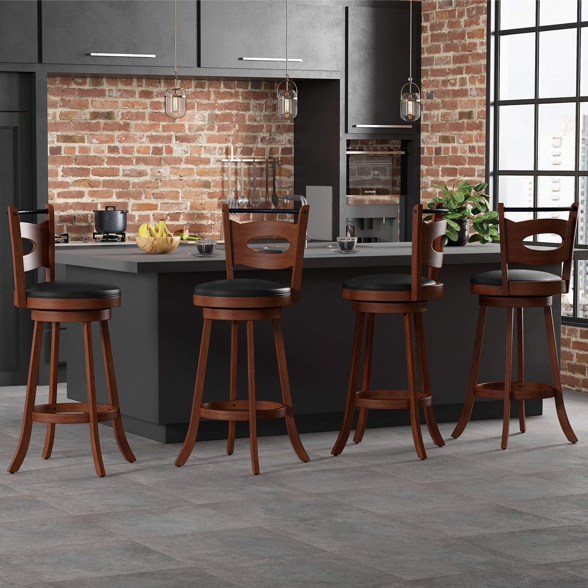 Alt View 4. Costway - Set of 2 Bar Stools 360° Swivel Dining Chairs Solid Rubber Wood Leather Padded - Black/Brown.