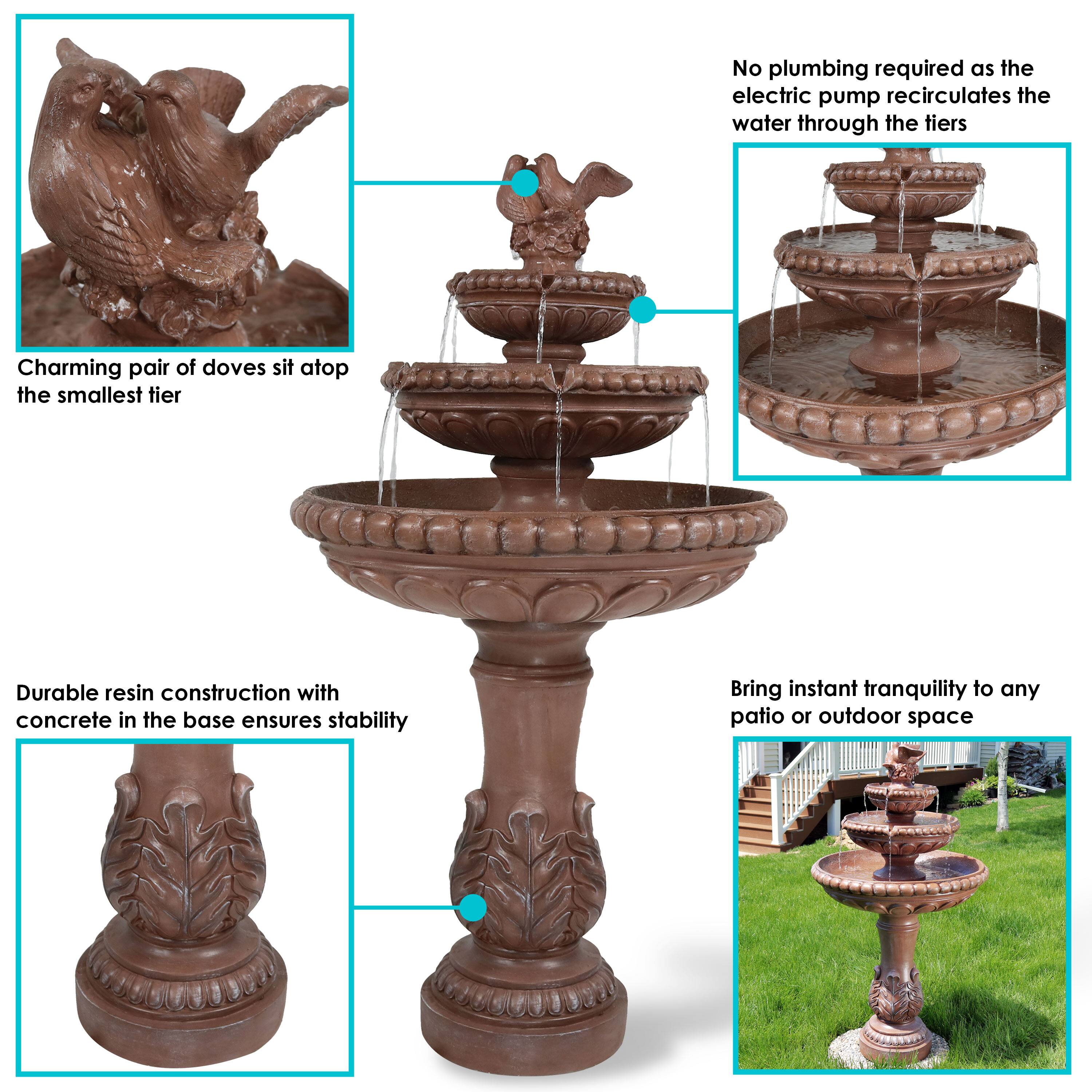 - No plumbing required as the electric pump recirculates the water through the tiers
- Charming pair of doves sit atop the smallest tier
- Durable resin construction with concrete in the base ensures stability
- Bring instant tranquility to any patio or outdoor space