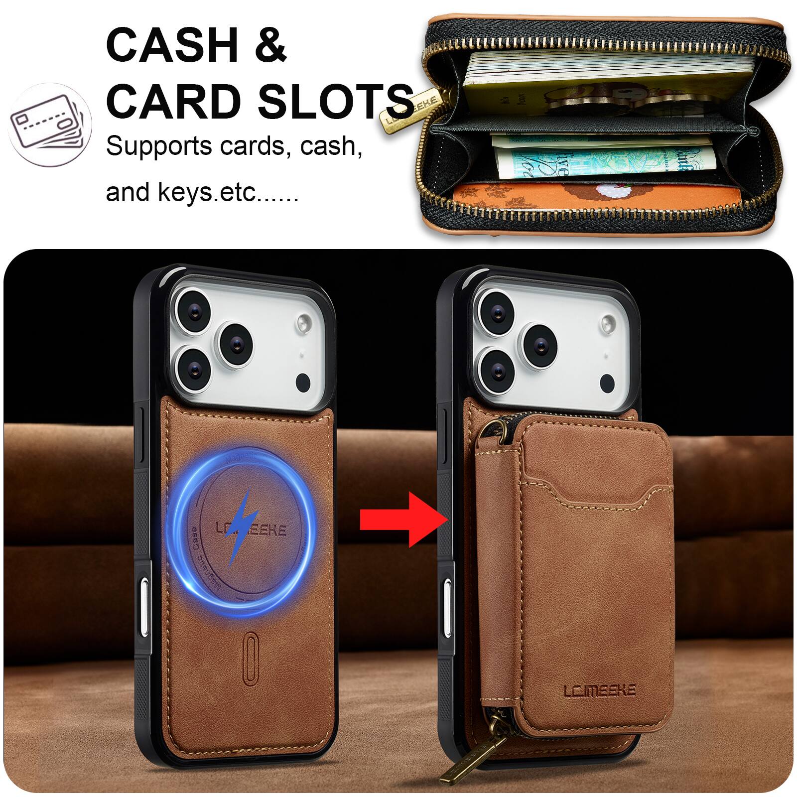 CASH & CARD SLOTS  
Supports cards, cash, and keys etc.....