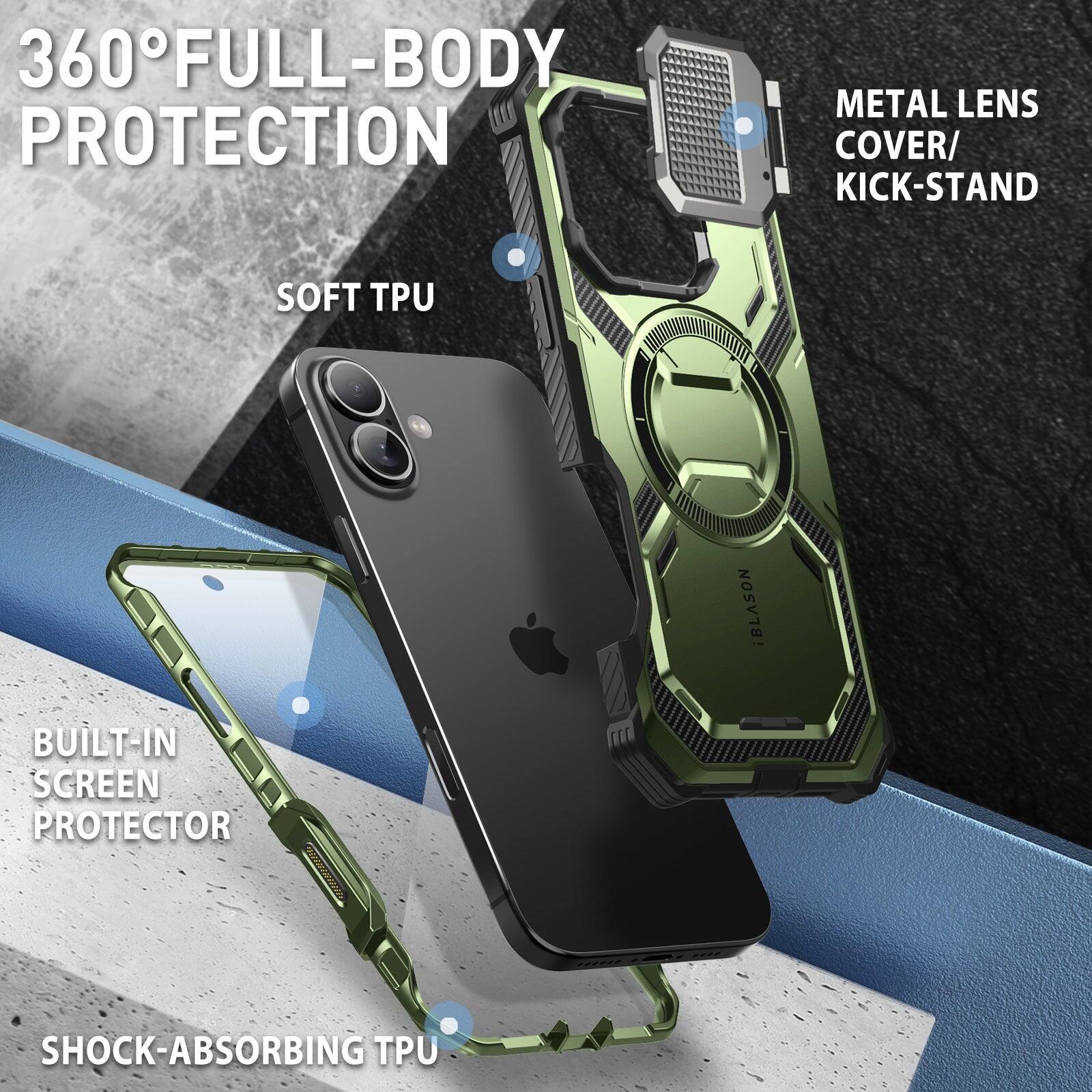 360° FULL-BODY PROTECTION

- METAL LENS COVER/KICK-STAND
- SOFT TPU
- BUILT-IN SCREEN PROTECTOR
- SHOCK-ABSORBING TPU
