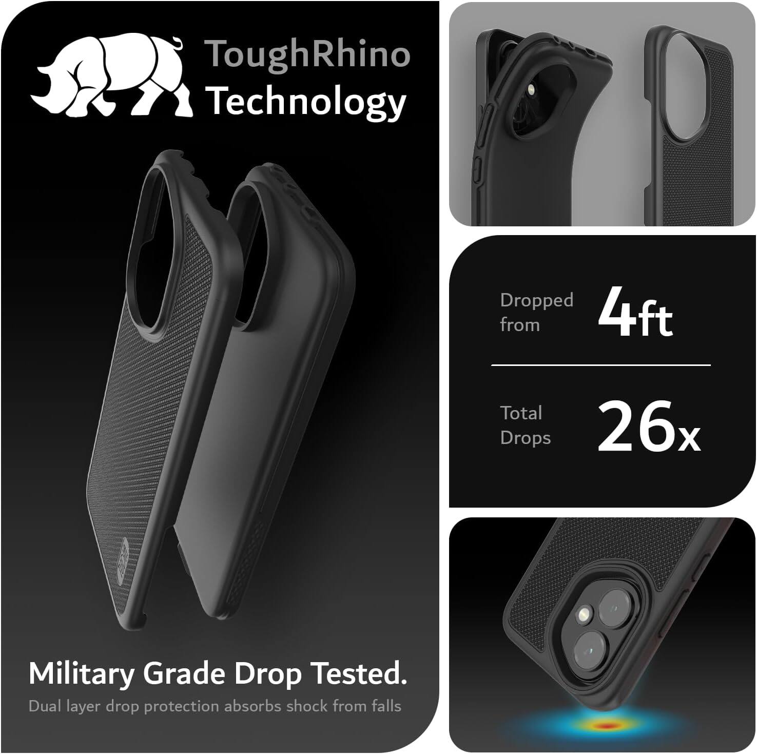 ToughRhino Technology

Dropped from 4ft
Total Drops 26x

Military Grade Drop Tested.
Dual layer drop protection absorbs shock from falls