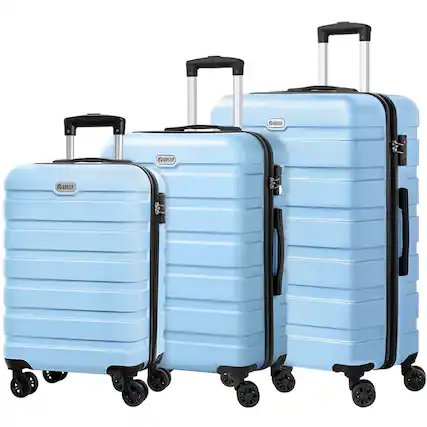 Front. Brick Attic - 3 Piece Luggage Sets PC ABS Hardside Lightweight Suitcase with 4 Universal Wheels TSA Lock Carry On 20 24 28 Inch - Light blue.
