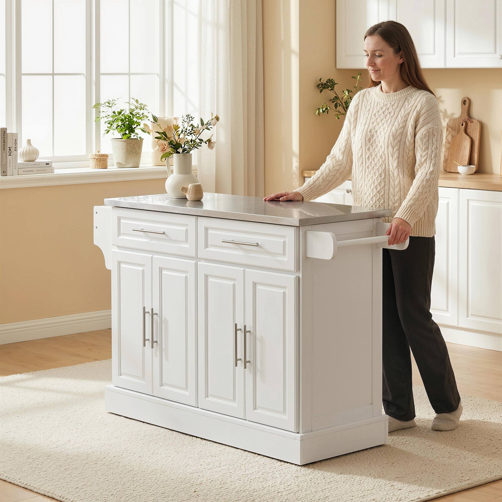 Alt View 7. Homcom - Rolling Kitchen Island Cart with Cabinets and Drawers - White.