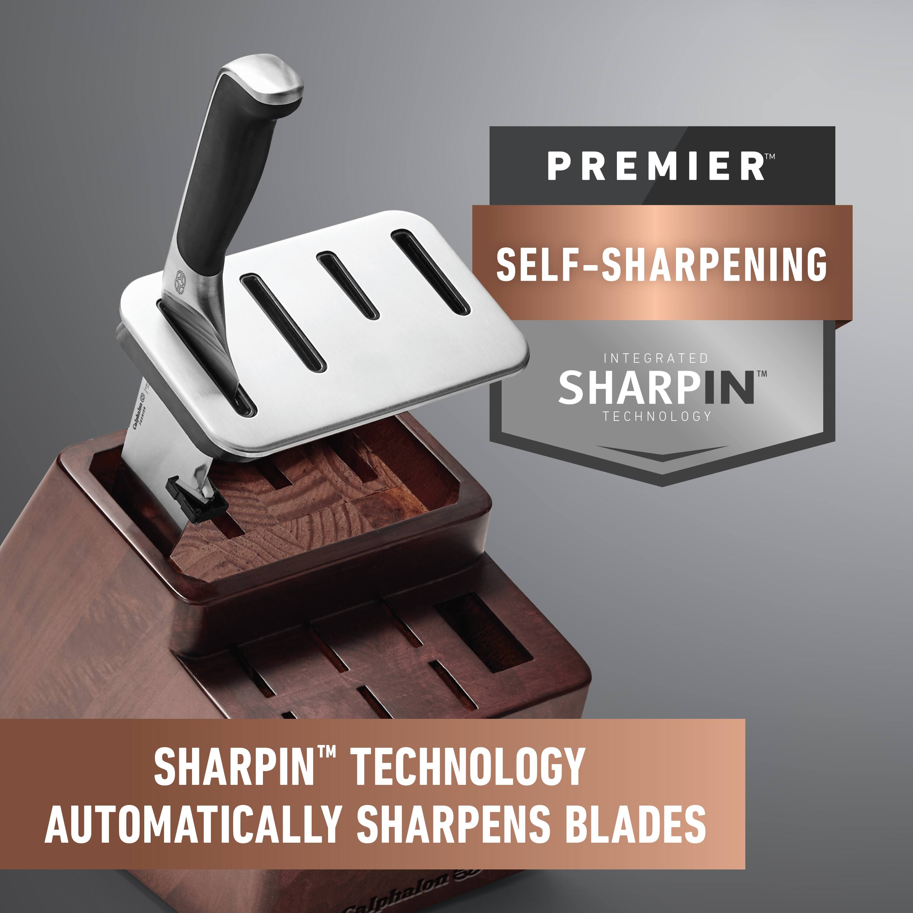 PREMIER, SELF-SHARPENING, INTEGRATED IN SHARPIN TECHNOLOGY, SHARPIN TECHNOLOGY AUTOMATICALLY SHARPENS BLADES, Calphalon