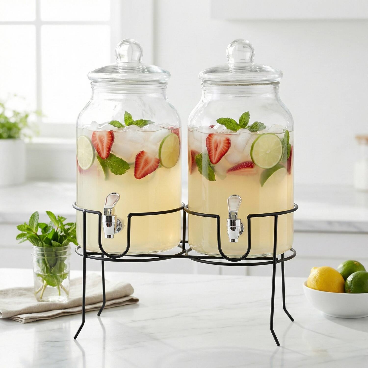 Left. Style Setter - Rustic Home Beverage Dispenser Set of 2 With Black Metal Stand 1 Gal - Clear.