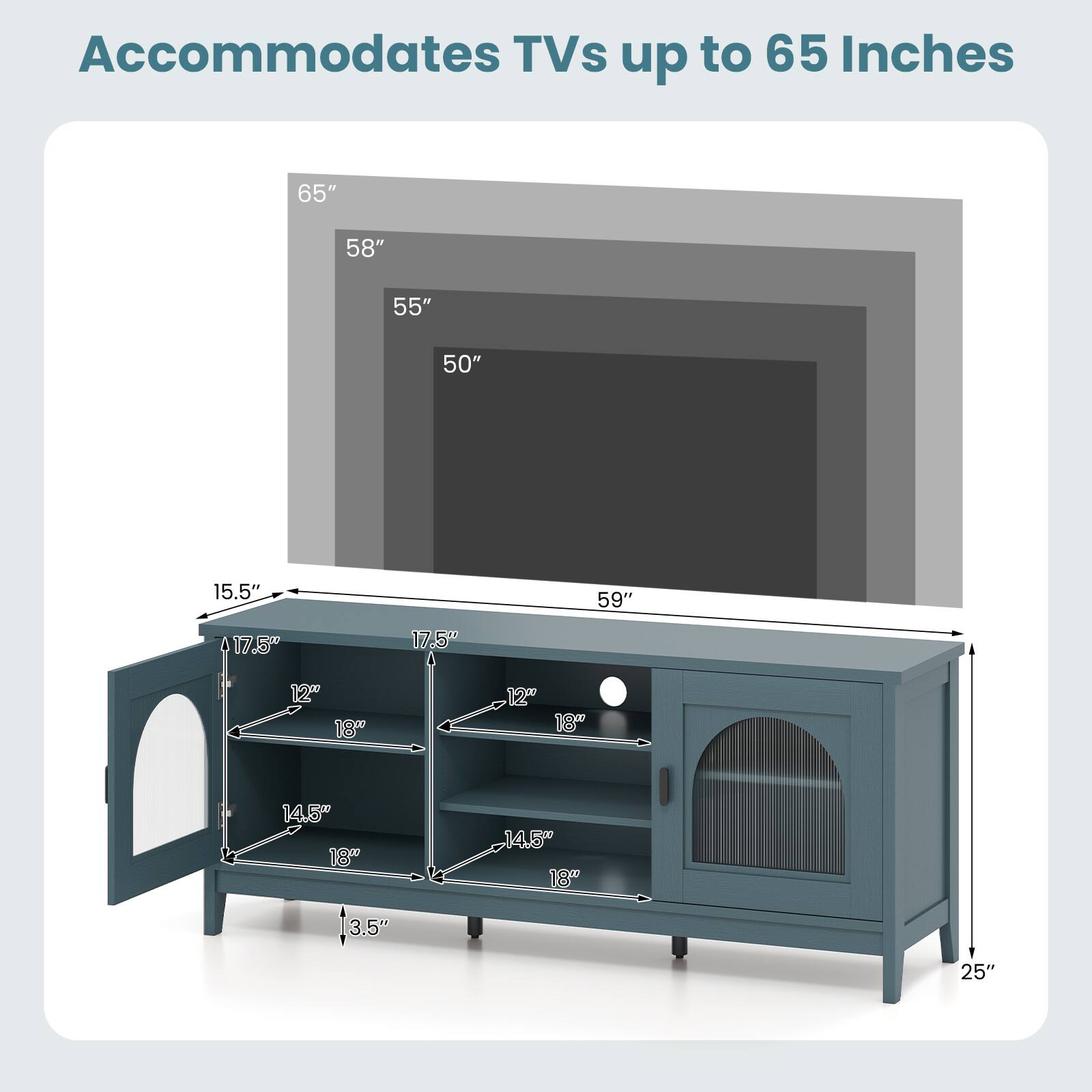 Accommodates TVs up to 65 Inches

65"
58"
55"
50"
59"

15.5"
17.5"
12"
18"
14.5"
3.5"
25"

18"
12"
18"
14.5"
18"
