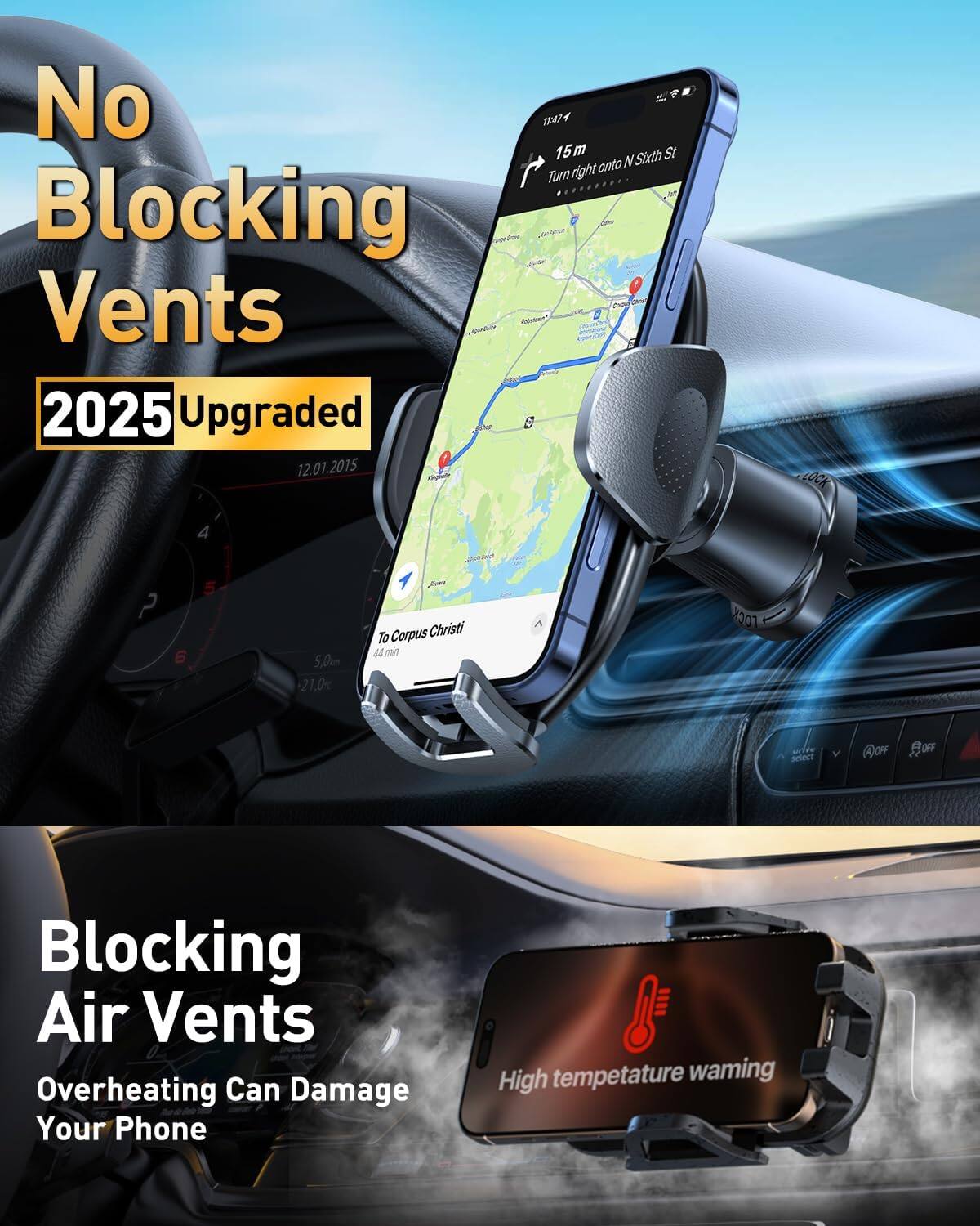 No Blocking Vents  
2025 Upgraded  

Blocking Air Vents  
Overheating Can Damage Your Phone  

High temperature warning