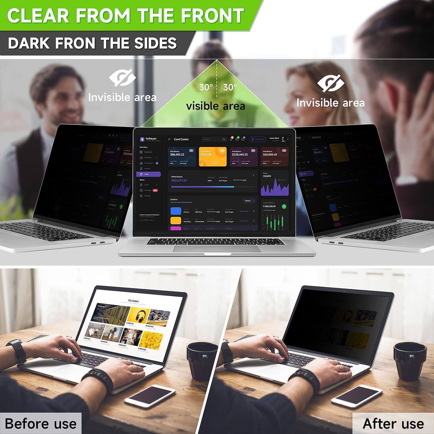 CLEAR FROM THE FRONT  
DARK FROM THE SIDES  

Invisible area  
30°  
visible area  
30°  
Invisible area  

Before use  
After use