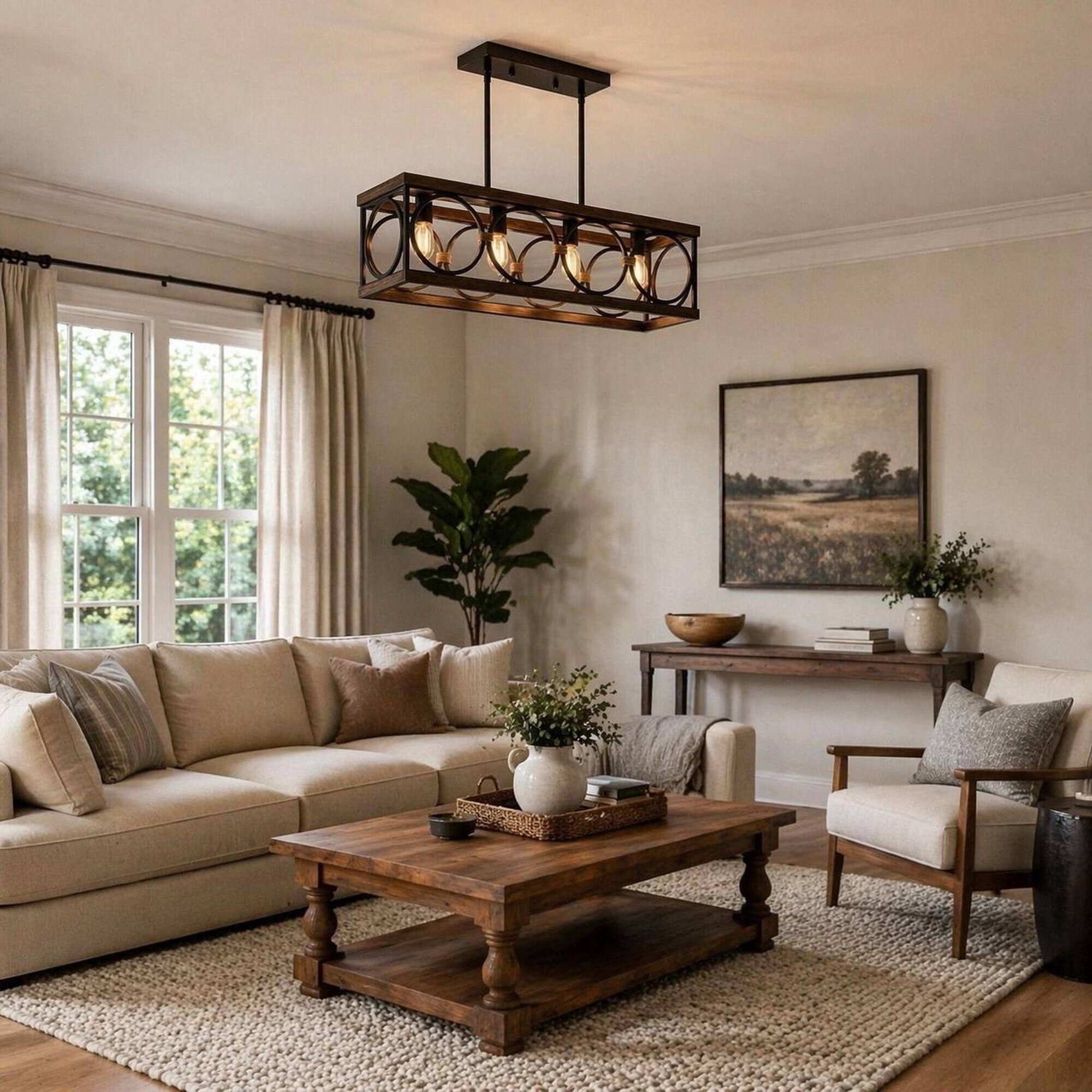 Angle. RYHNUYNE - Rustic Farmhouse 4-Light Rectangular Pendant with Natural Wood Accents and Black Metal Frame, 31.6-Inch.