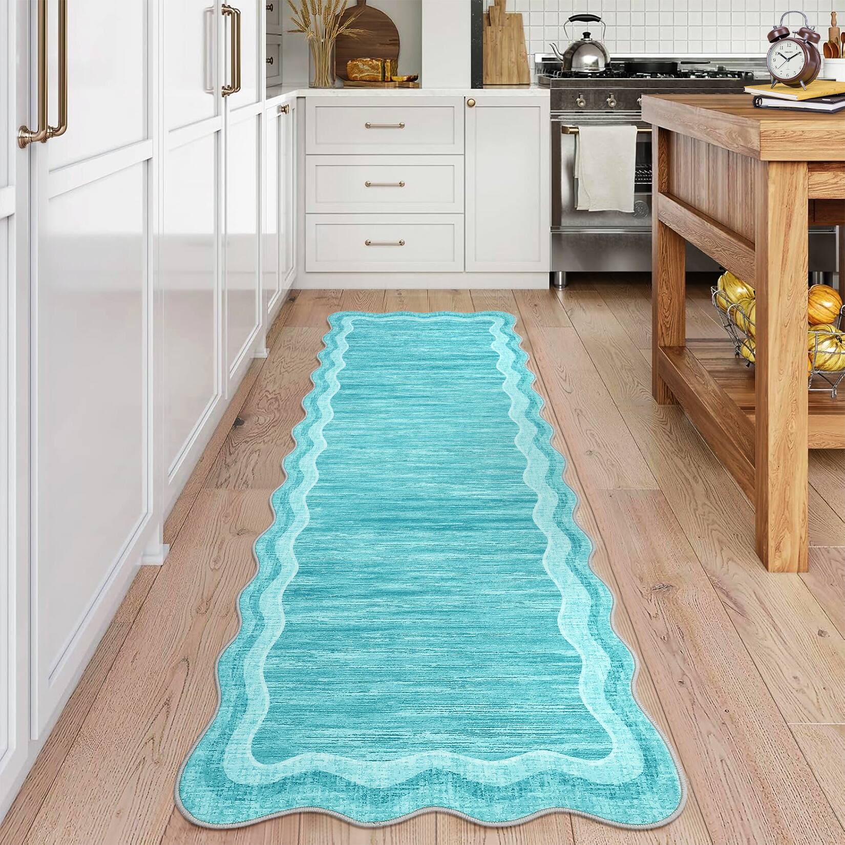 Angle. Jojoka - Modern Minimalist Area Rug Machine Washable Low Pile Non Slip Scalloped Boder Rug for Living Room Bedroom Dining Room - Blue Green.