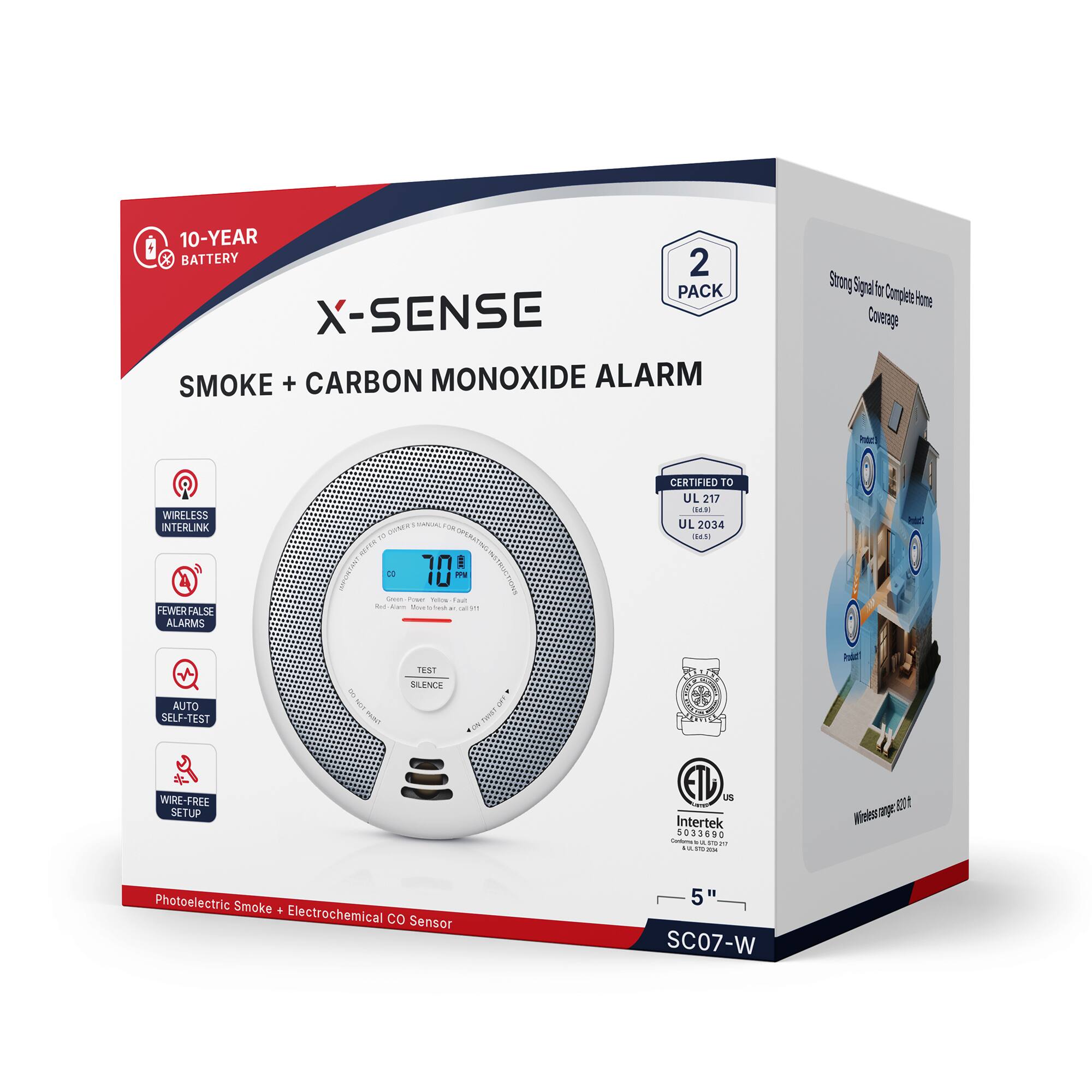 10-YEAR X BATTERY 2 PACK X-SENSE SMOKE + CARBON MONOXIDE ALARM

Strong Signal for Complete Home Coverage

WIRELESS INTERLINK FEWER FALSE ALARMS

77° CO PV  Green Power Yellow Fault Red Mounted

CERTIFIED TO UL 217 (16.51) UL 2034 (064.51)

AUTO SELF-TEST

TEST SILENCE

WIRE-FREE SETUP

US Intertek 5033690 Carbohydrate a 12, 2020K

Photoelectric Smoke + Electrochemical CO Sensor

5" SC07-W