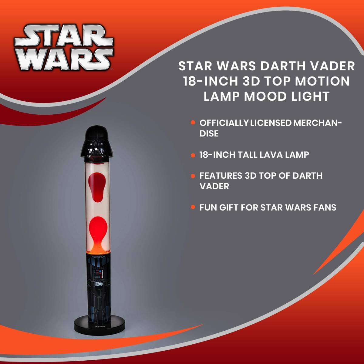 STAR WARS STAR WARS DARTH VADER 18-INCH 3D TOP MOTION LAMP MOOD LIGHT OFFICIALLY LICENSED MERCHANDISE 18-INCH TALL LAVA LAMP FEATURES 3D TOP OF DARTH VADER FUN GIFT FOR STAR WARS FANS